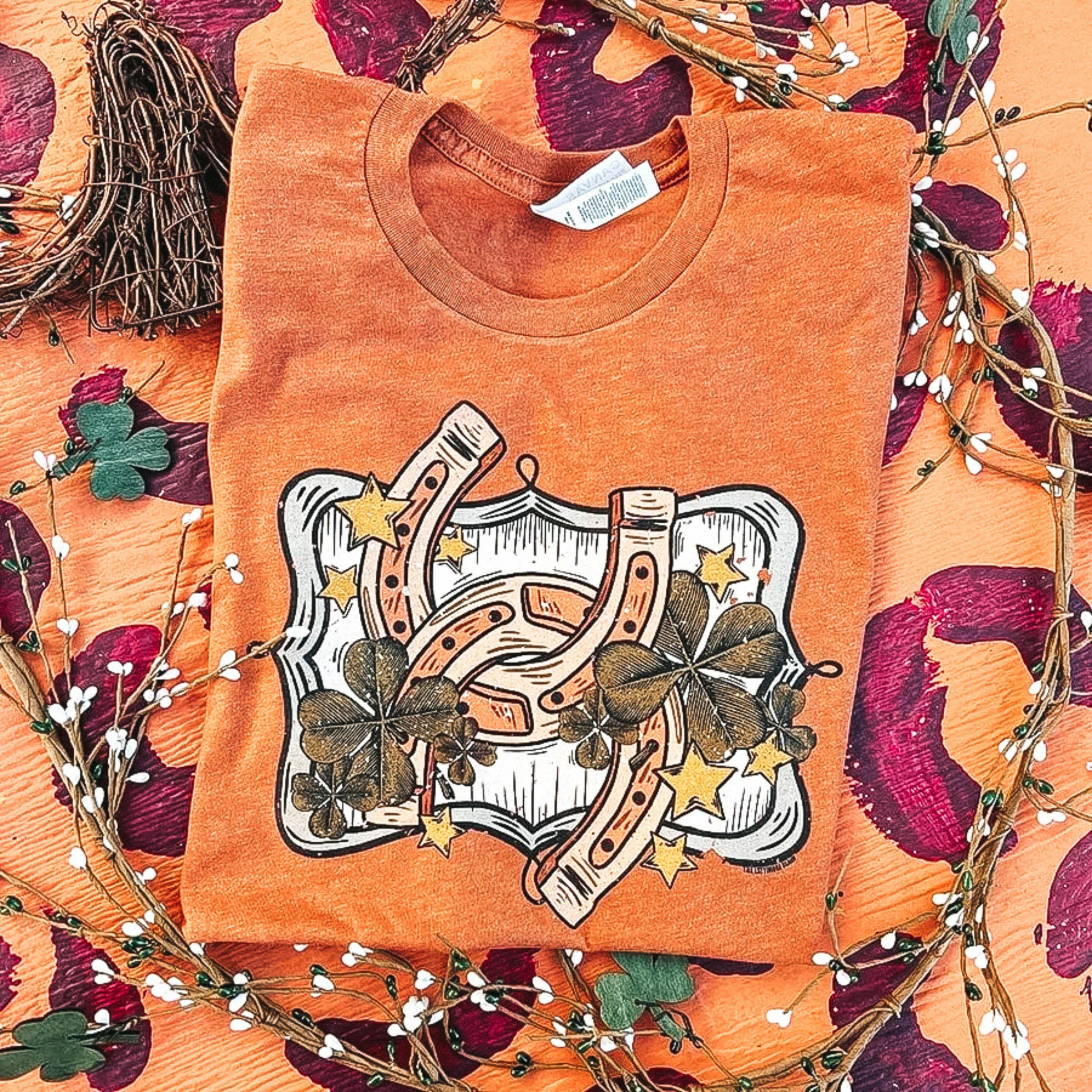 A rust orange graphic tee with horse shoes and shamrocks. Pictured on a leopard print background.