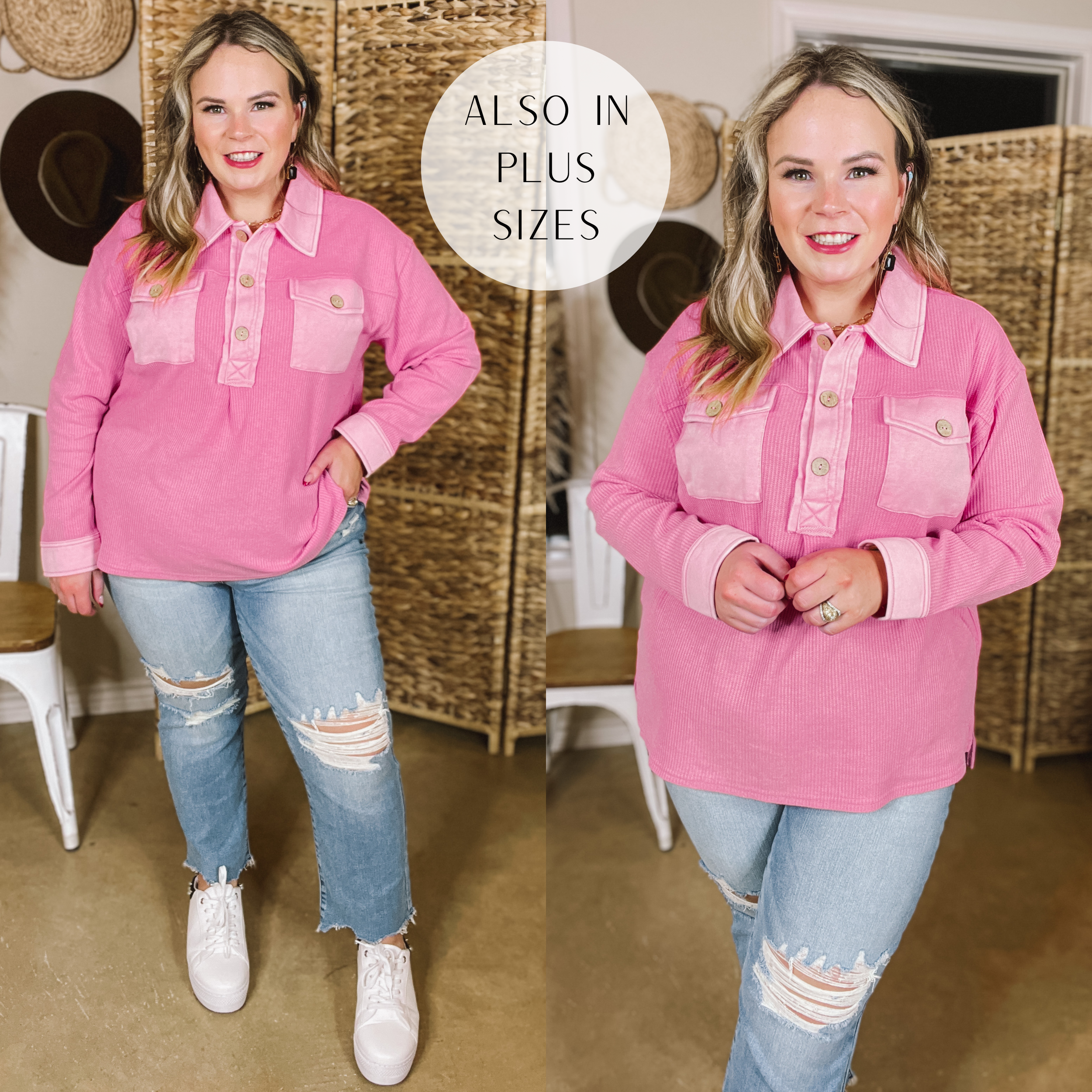 Model is wearing a long sleeve, waffle knit, collared top in pink. Model has this top paired with straight leg jeans, white shoes, and gold jewelry. 