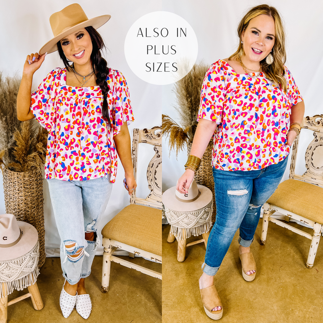 Models are wearing a multi color leopard print  top with a square neckline. Size small model has it paired with light wash boyfriend jeans, white mules, and a tan hat. Size large model has it paired with distressed skinny jeans, tan wedges, and gold jewelry.