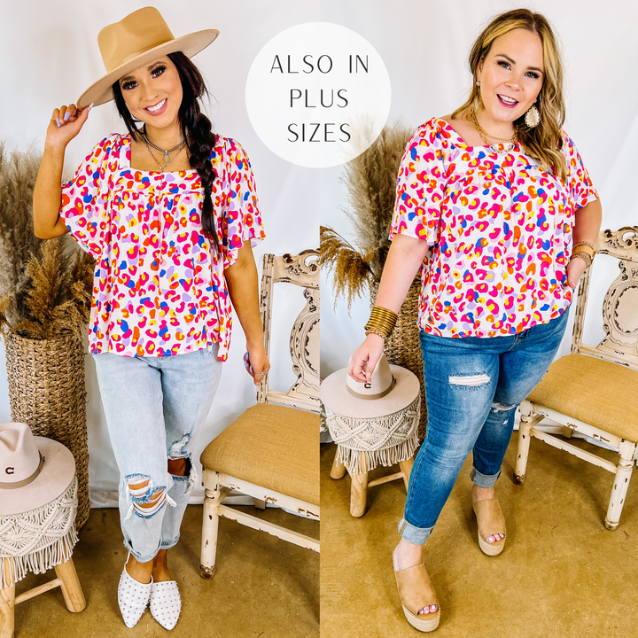 Models are wearing a multi color leopard print  top with a square neckline. Size small model has it paired with light wash boyfriend jeans, white mules, and a tan hat. Size large model has it paired with distressed skinny jeans, tan wedges, and gold jewelry.