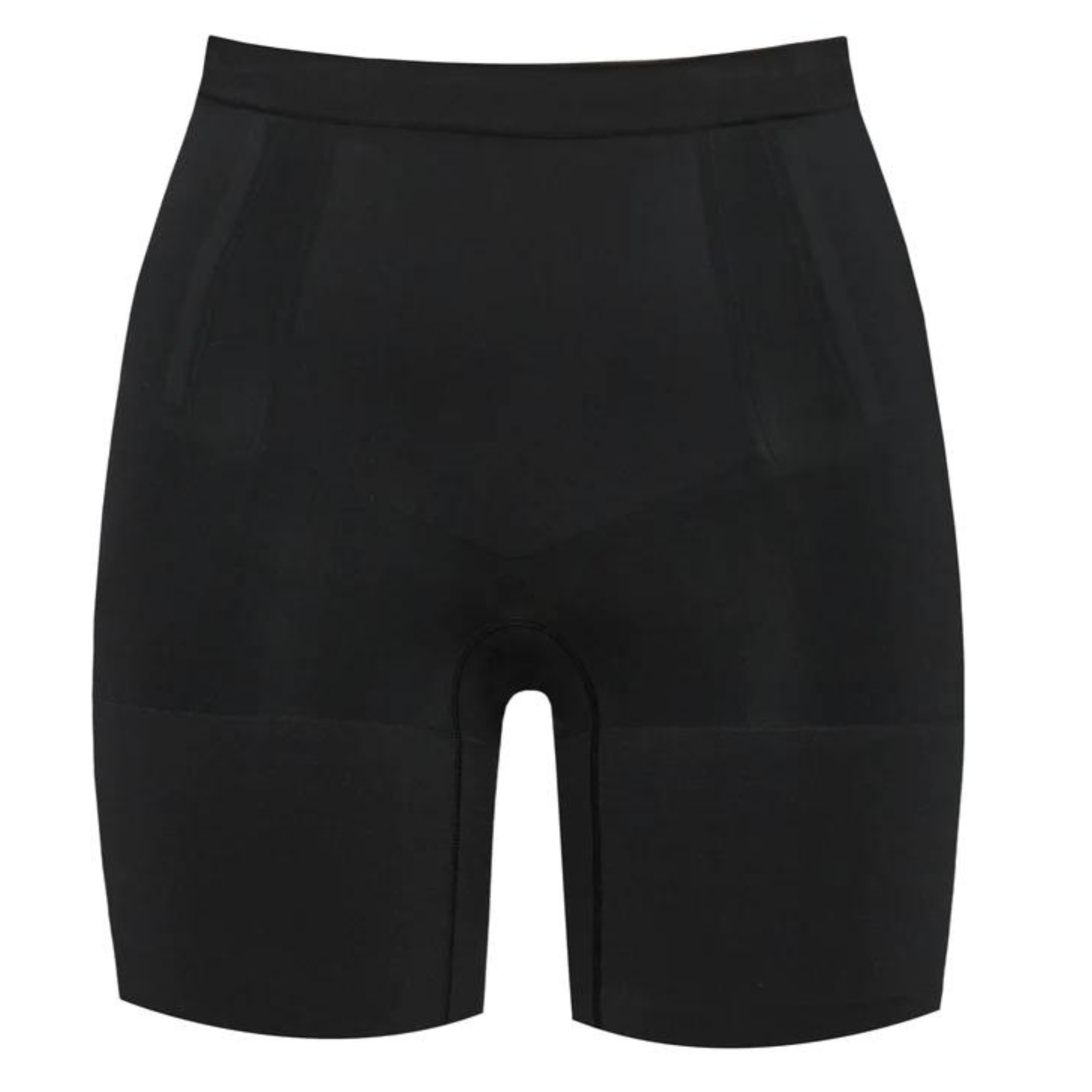 A pair of black mid-thigh shorts with high waist. Pictured on a white background.