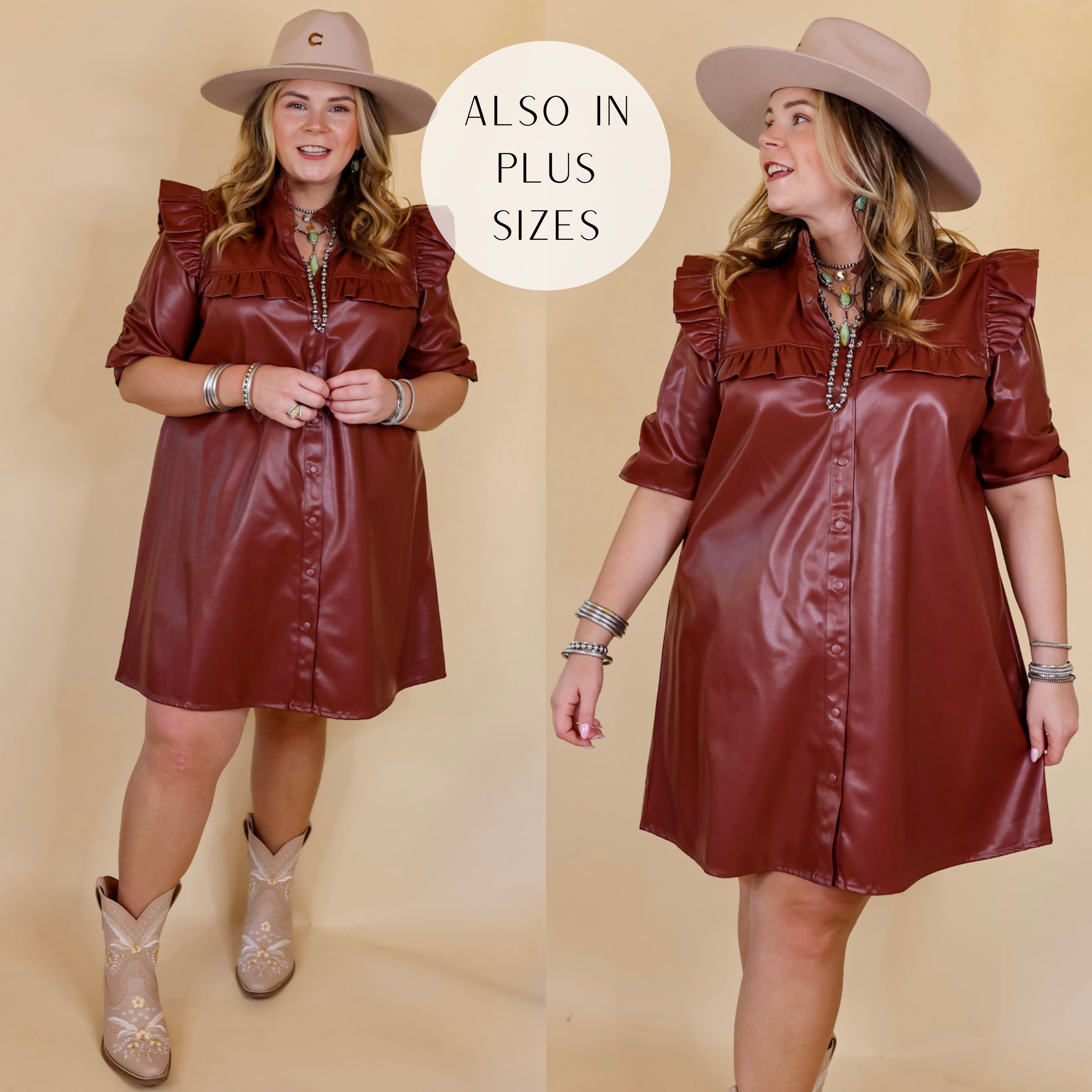 Beyond The City Button Up Faux Leather Dress with Ruffle Detailing in Brown - Giddy Up Glamour Boutique