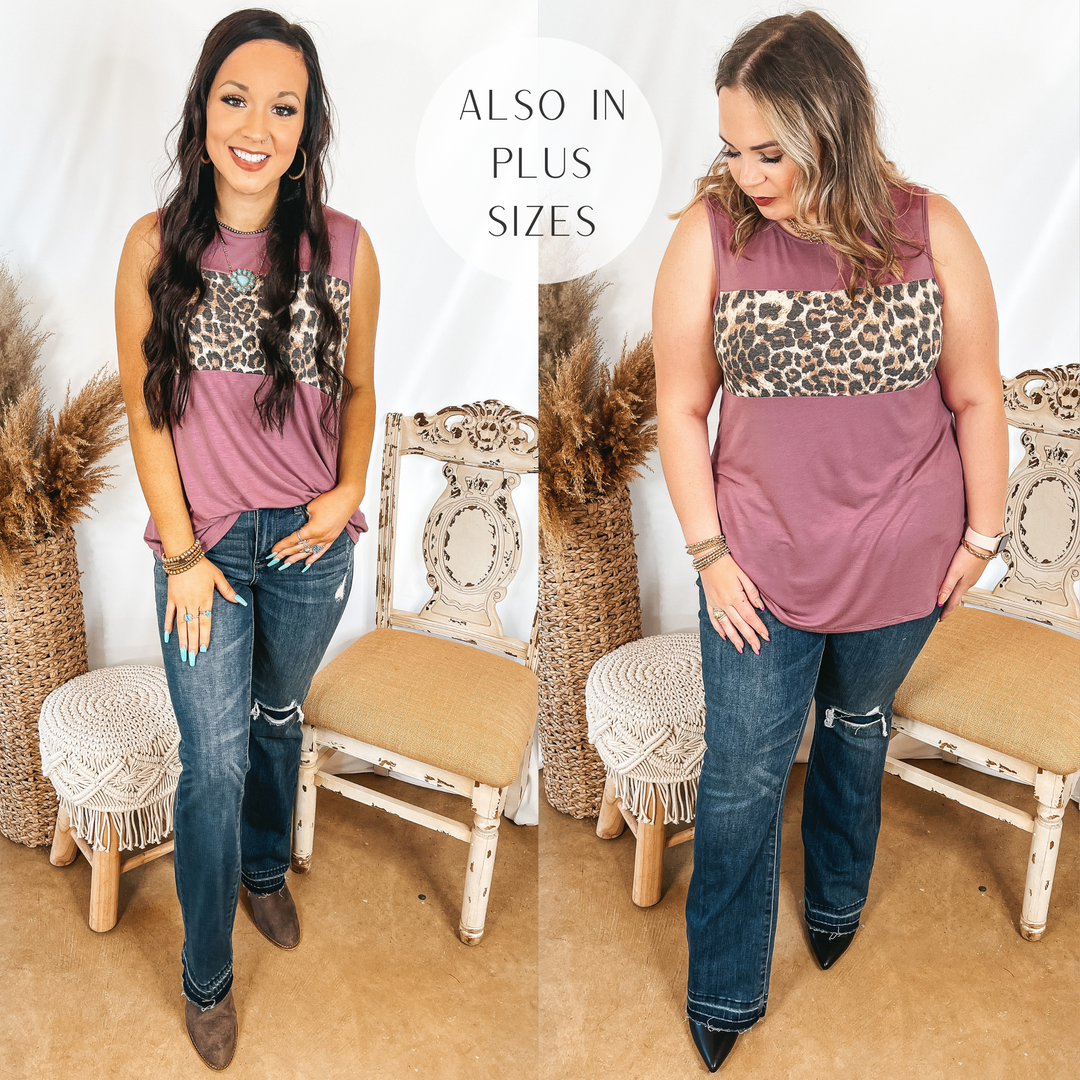 Models are wearing a mauve colored tank top that has leopard print across the bust. Both models have this paired with patch knee bootcut jeans. Size small model has it paired with brown booties. Size large model has it paired with black booties.