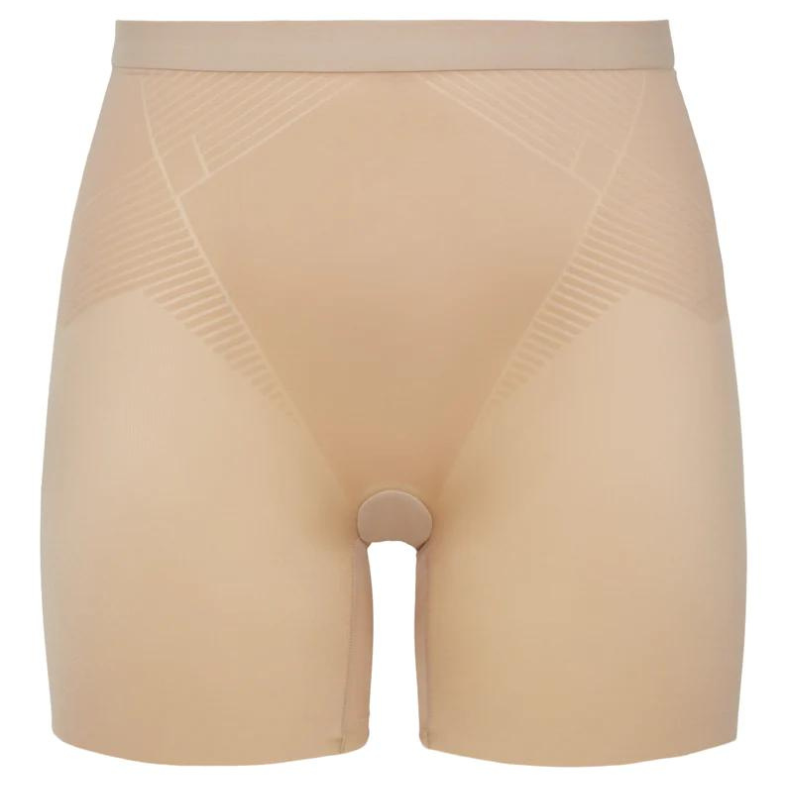 A pair of nude color shorts with ribbed detail around the waist. These shorts are pictured on a white background.