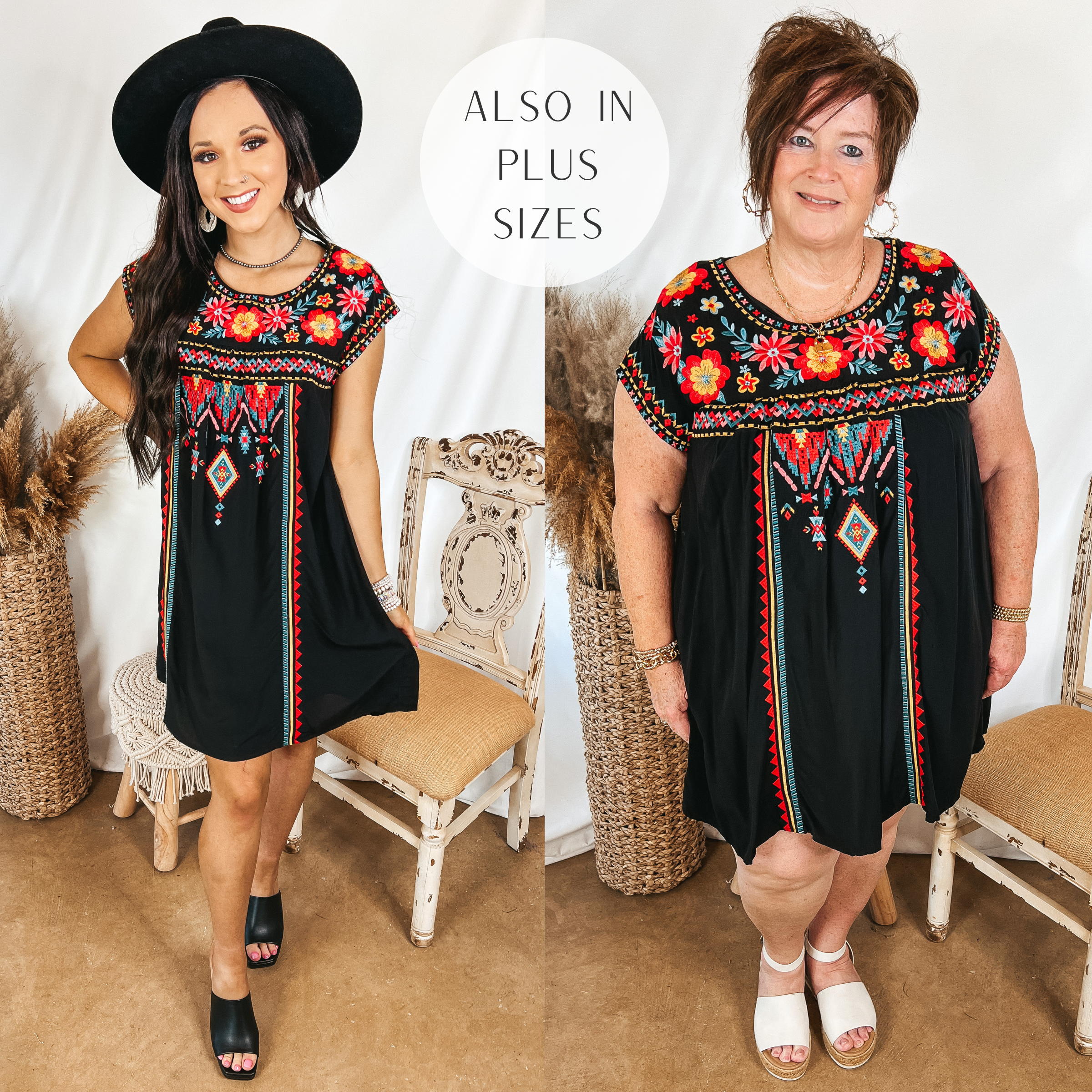 Sunny Sweetie Floral Embroidered Cap Sleeve Dress in Black - Giddy Up Glamour Boutique