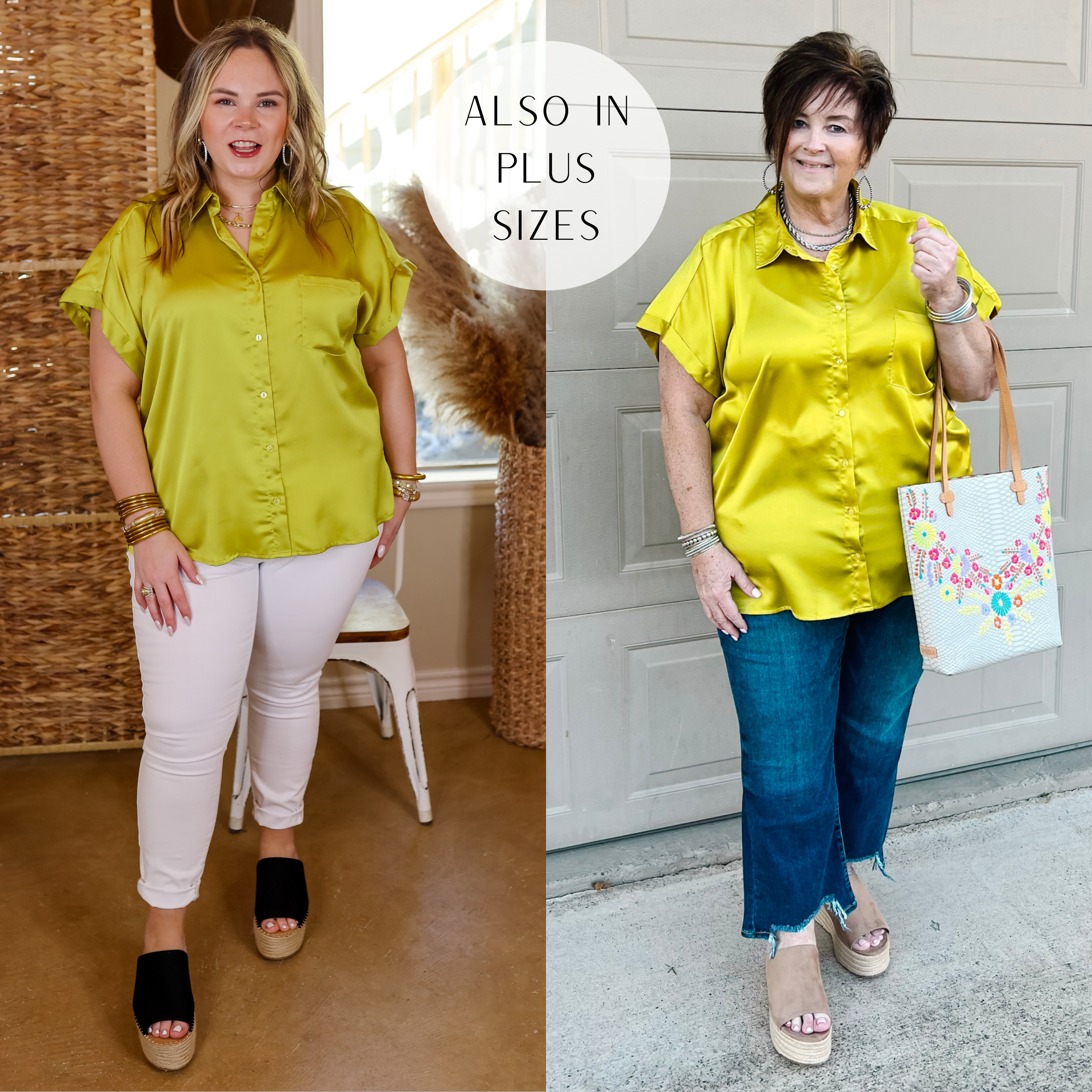 Model is wearing a short sleeve, collared, button down top in chartreuse green. Model has this top paired with white jeans, black wedges and gold jewelry.
