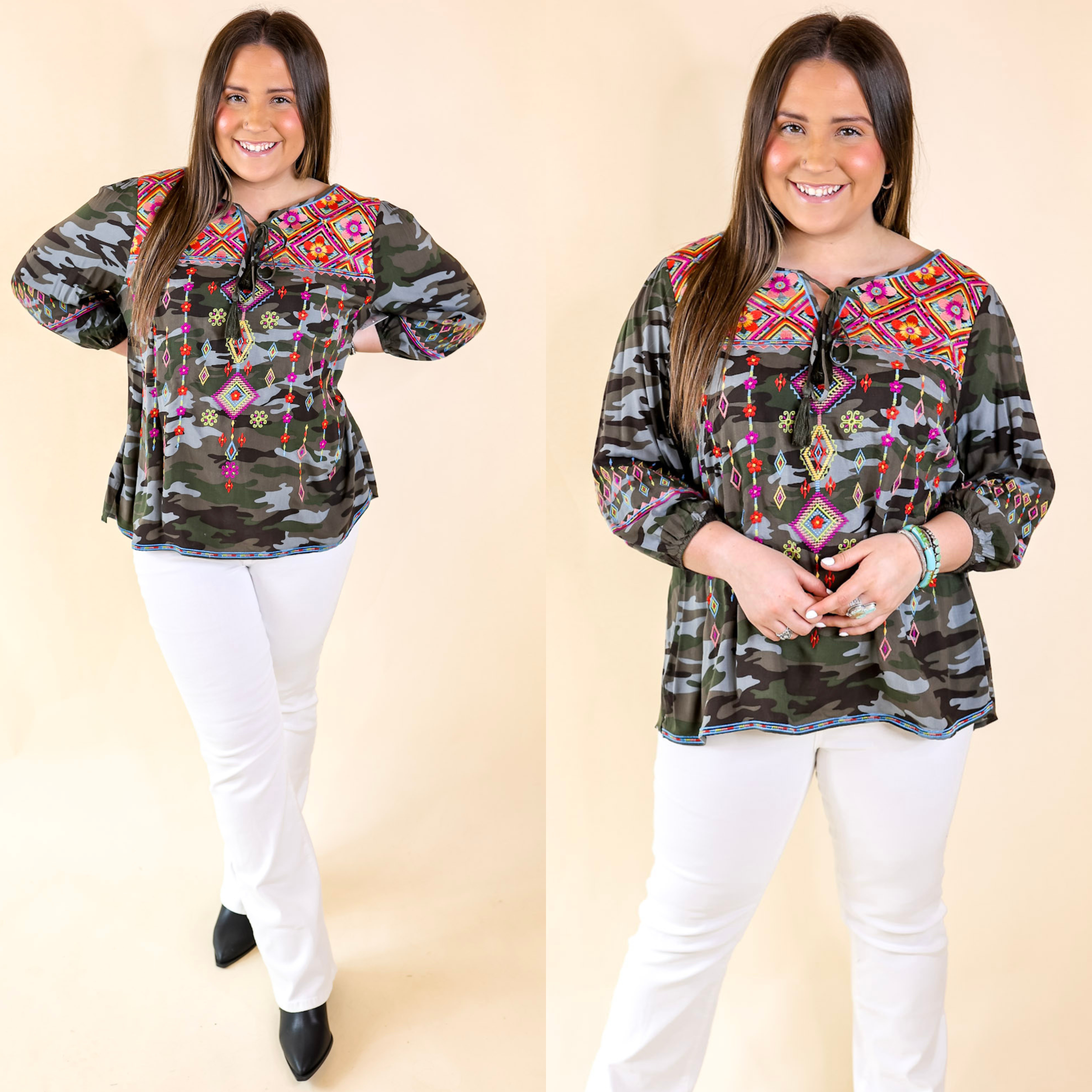 Last Chance Size Small & Med. | Nature Walk 3/4 Sleeve Embroidered Keyhole Top in Camouflage - Giddy Up Glamour Boutique