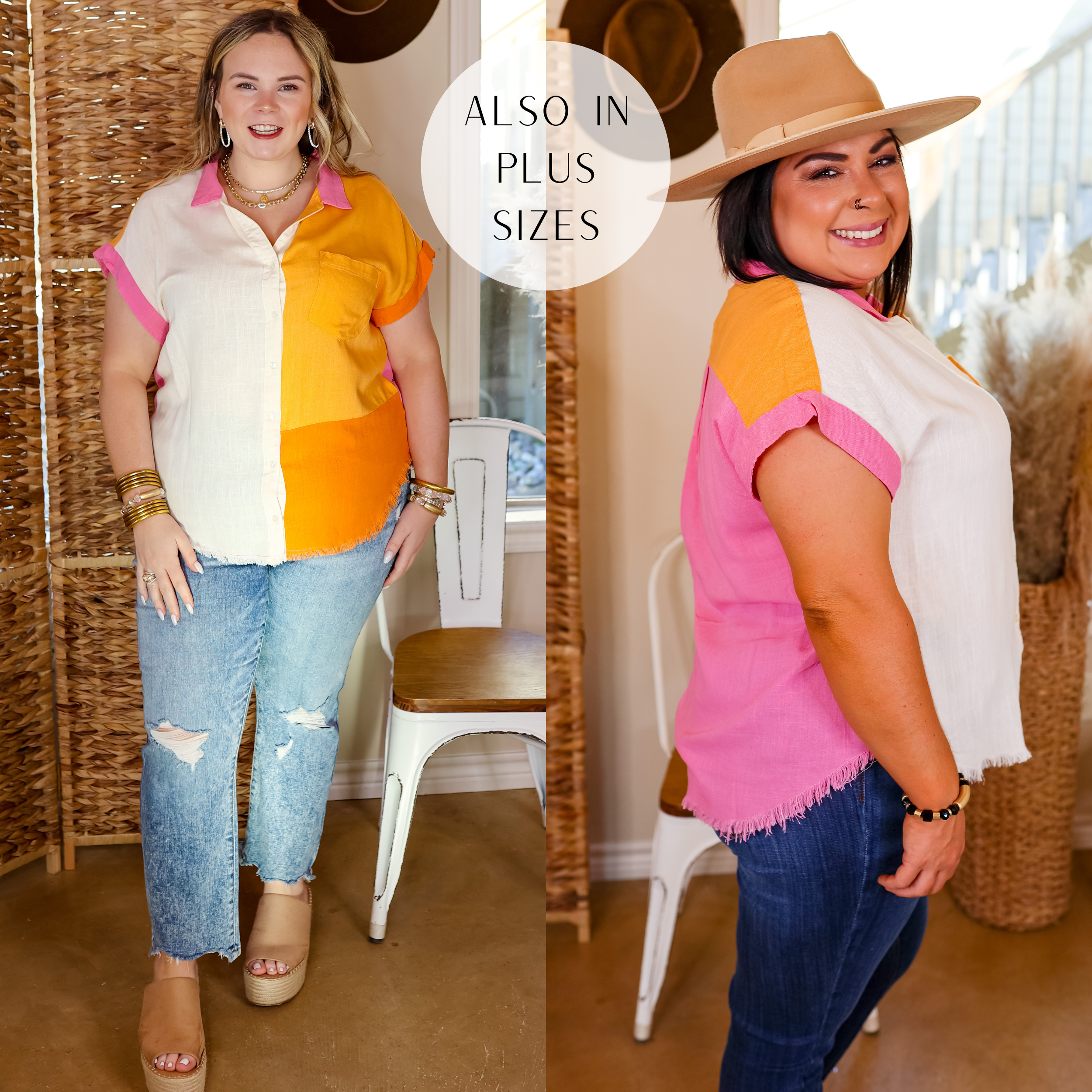 Models are wearing a button down collared linen top with block colors in white, pink, and 2 shades of orange. Models have this top paired with straight leg jeans and espadrilles. Model two has it paired with a beige hat.  