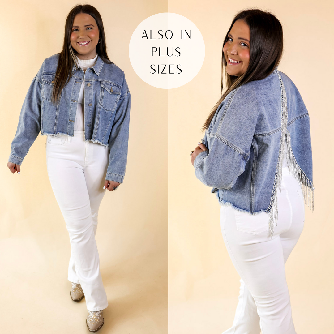 Nashville Nightlife Crystal Fringe Cropped Denim Jacket in Medium Wash - Giddy Up Glamour Boutique