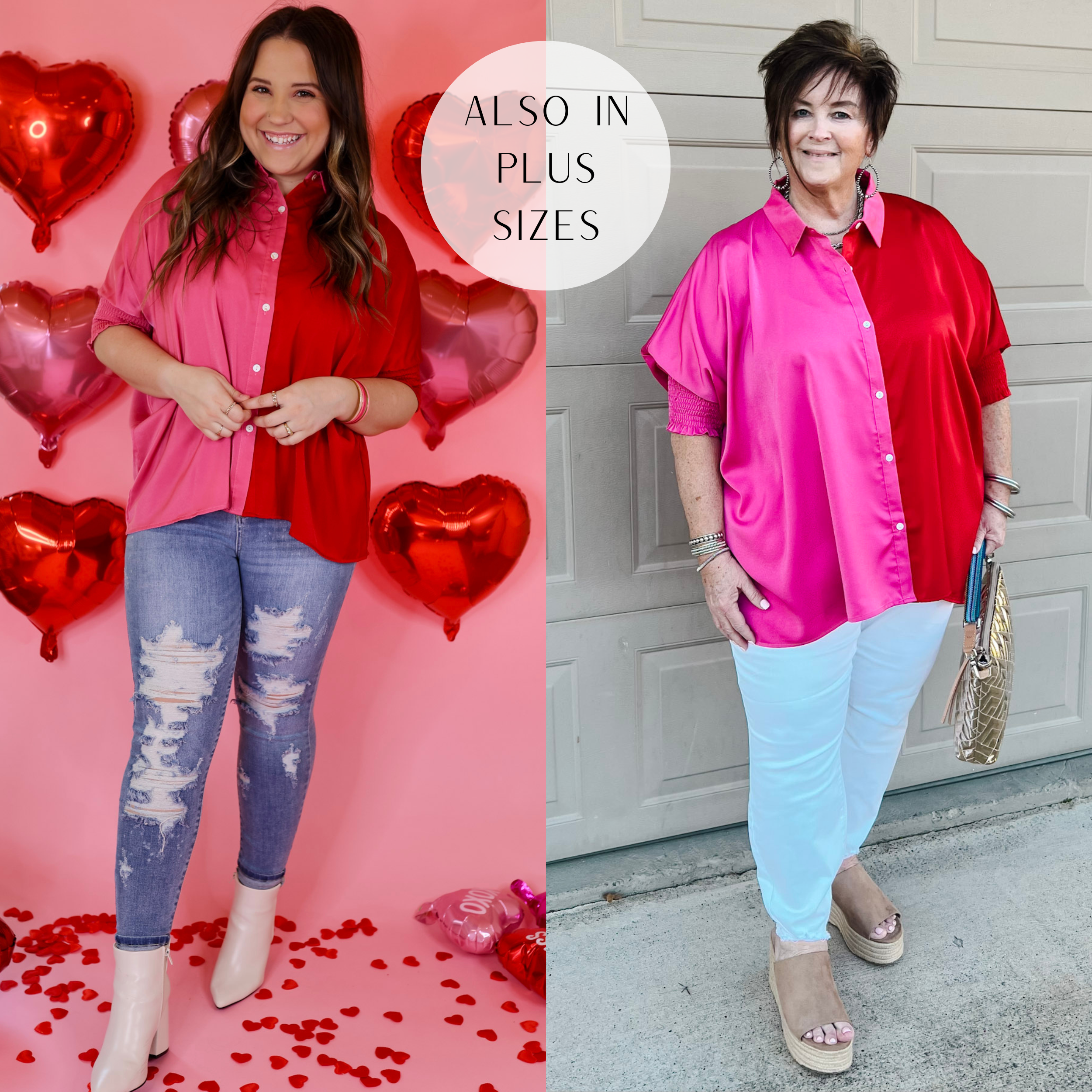 Model is wearing a satin button down top with smocked 3/4 sleeves in red and pink. Model has this top paired with skinny jeans, and booties. 