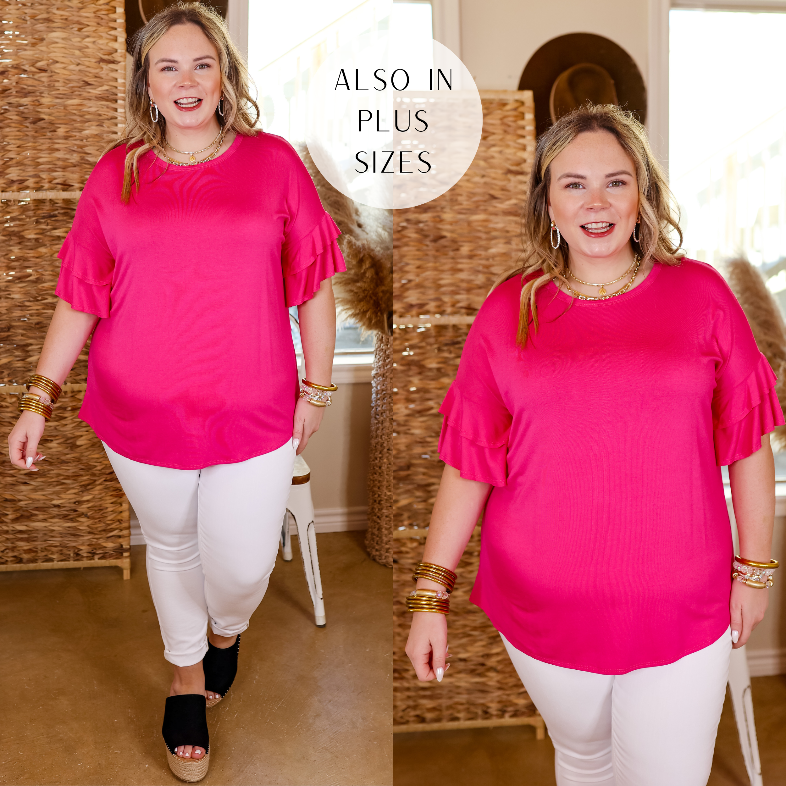 Model is wearing a pink shirt with ruffled sleeves in fuchsia pink. Model has this top paired with white jeans, black espadrille wedges and gold jewelry. 