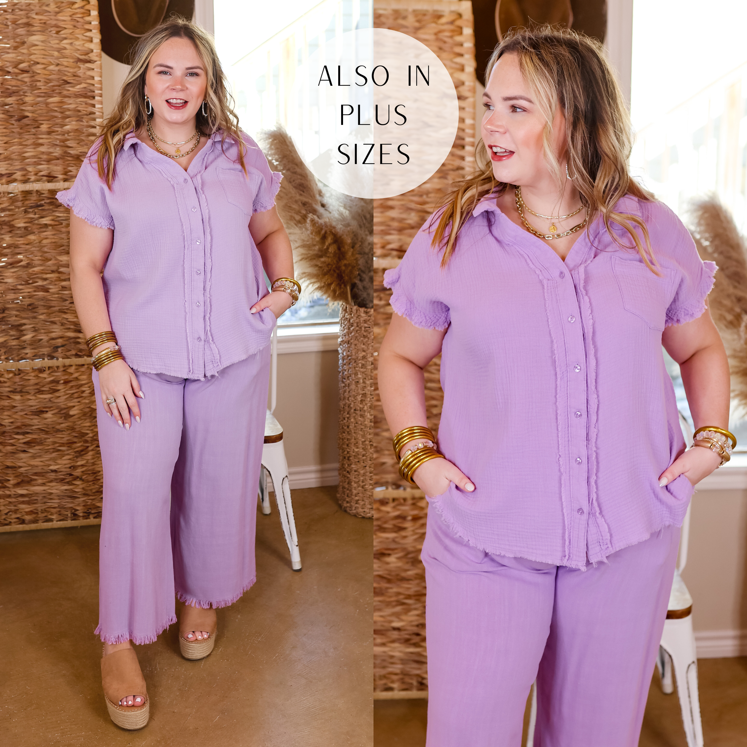 Right On Cue Button Up Raw Hem Top in Lavender Purple - Giddy Up Glamour Boutique