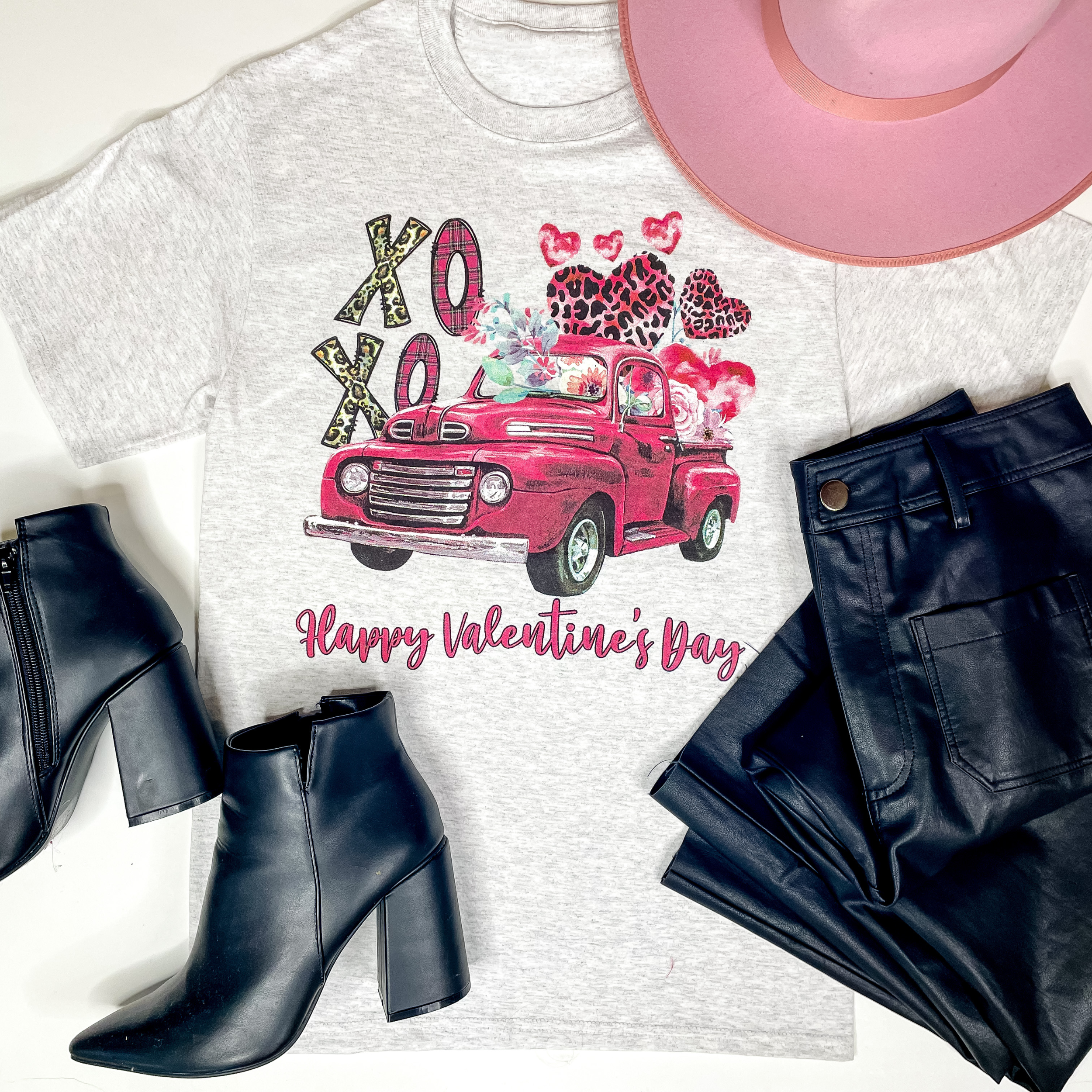 XOXO Love Truck Short Sleeve Graphic Tee in Heather Grey - Giddy Up Glamour Boutique