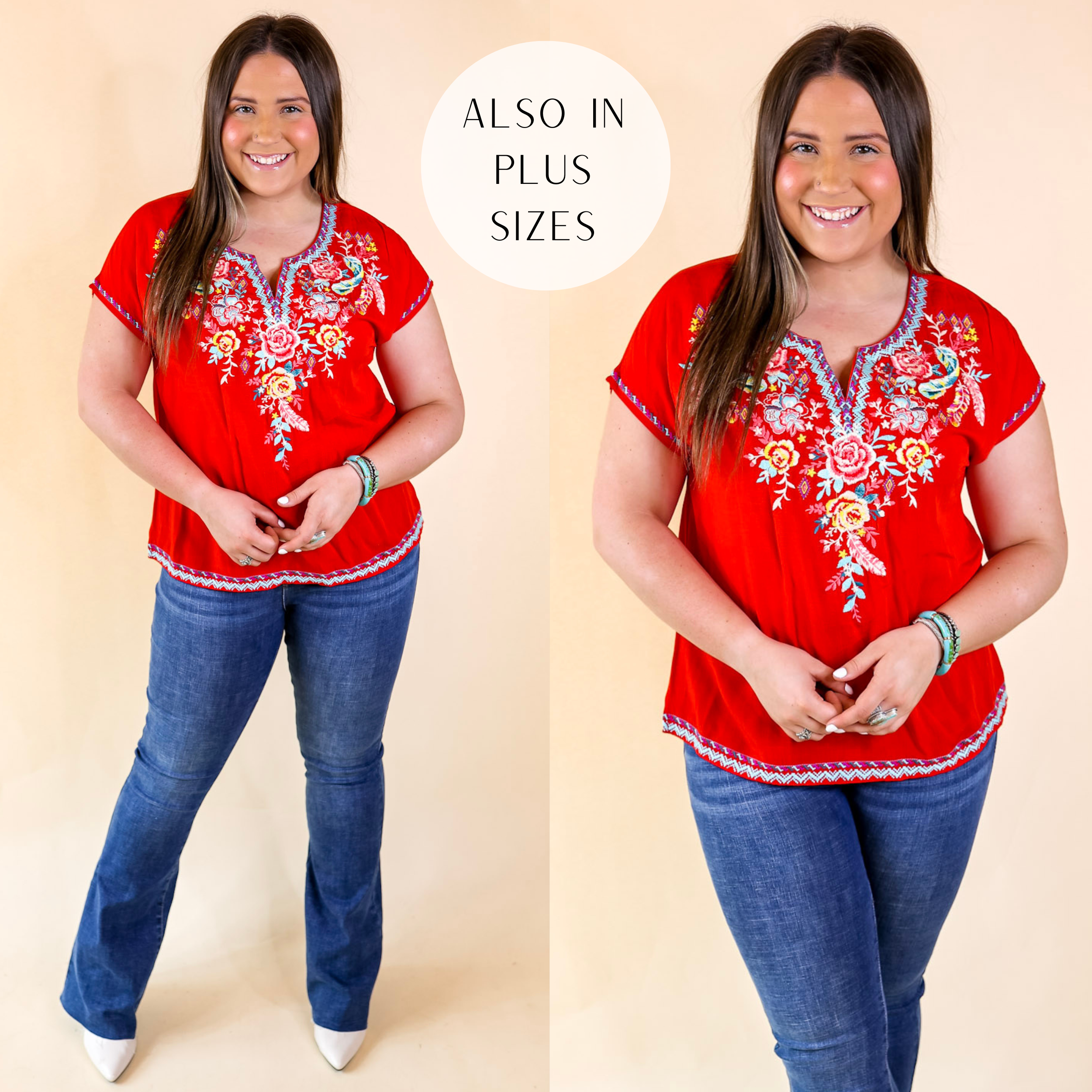 Desert Bloom Embroidered Short Sleeve Top in Red - Giddy Up Glamour Boutique
