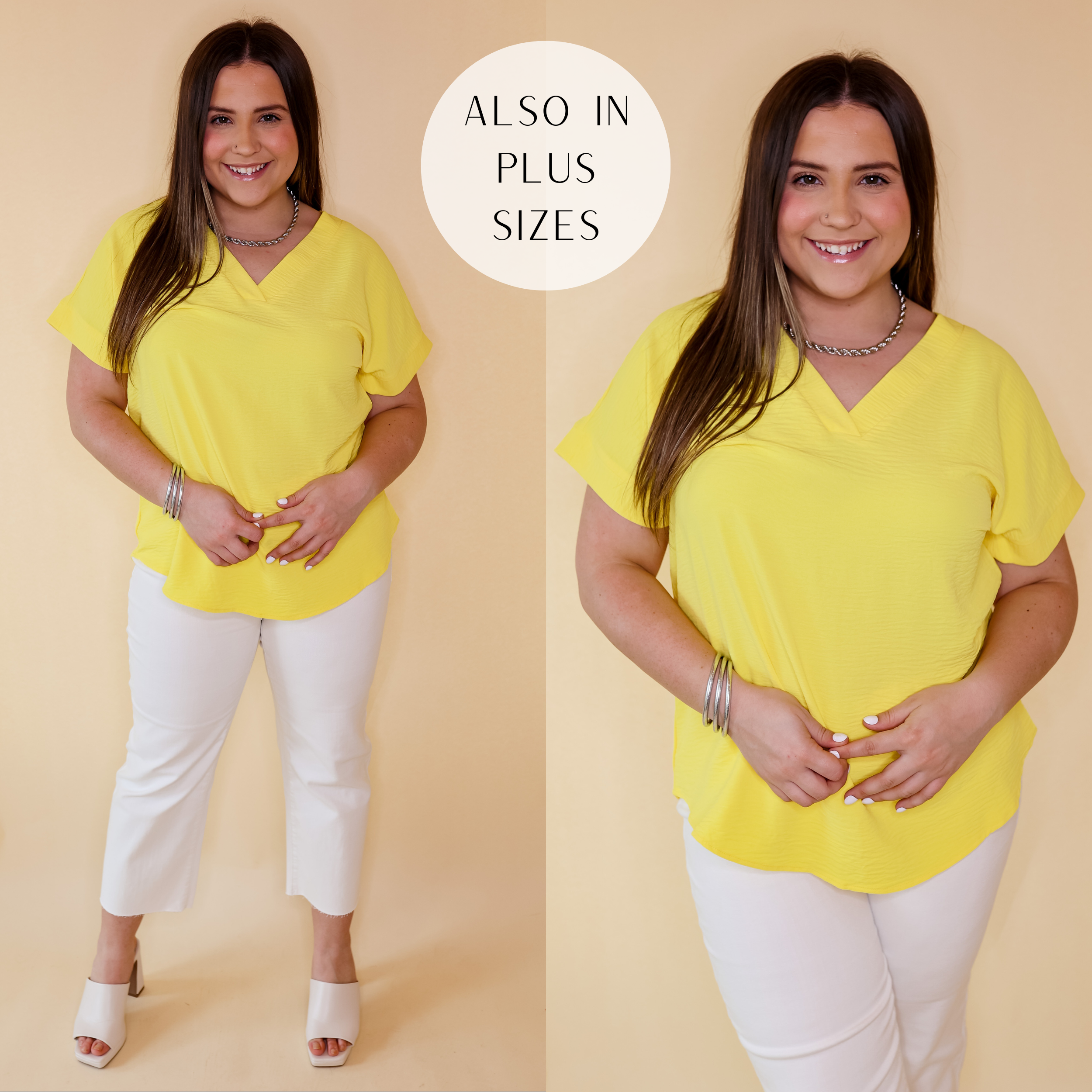 Model is wearing a v neck short sleeve top in yellow. Model has this top paired with white jeans, heels, and silver jewelry. Background is solid tan. 