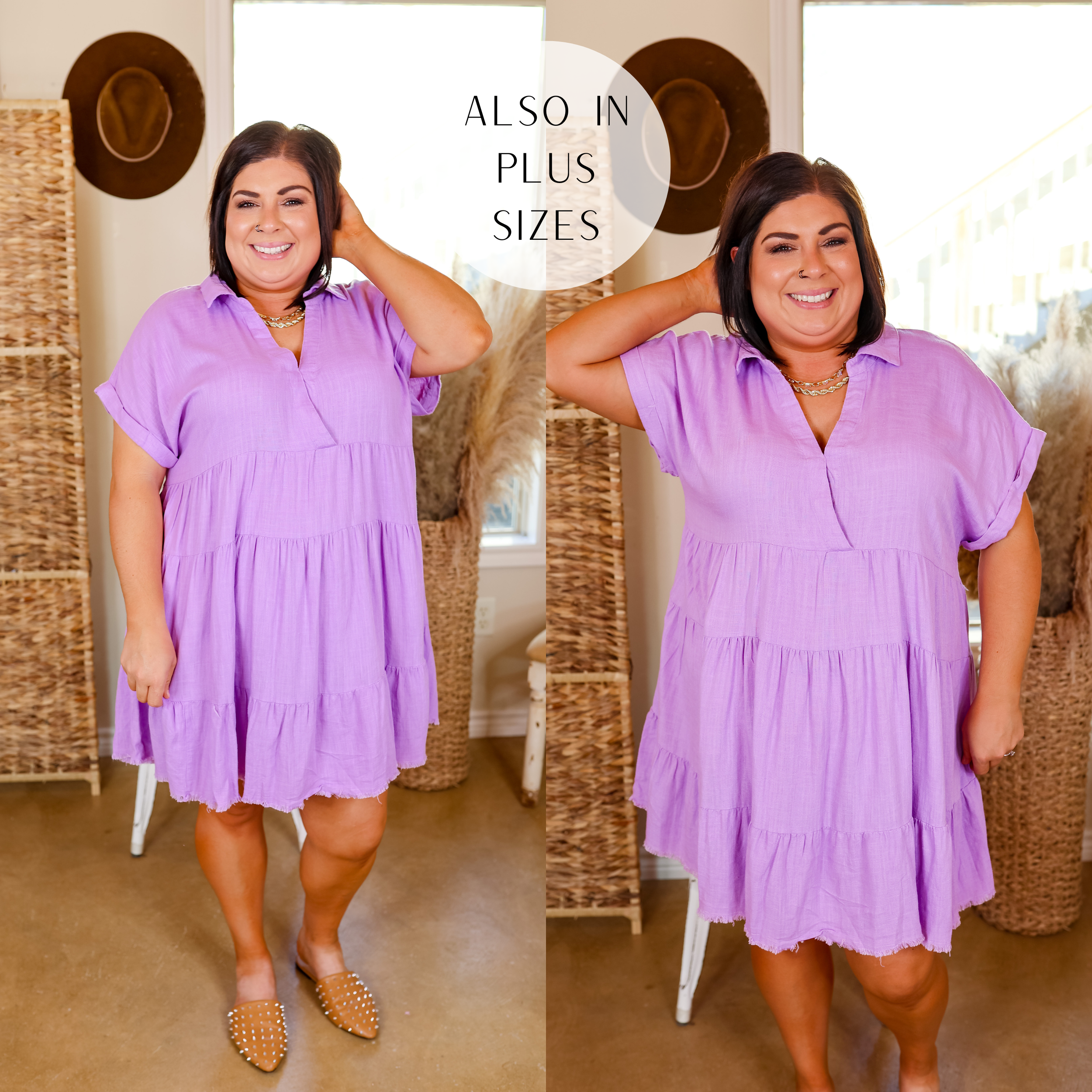 Model is wearing a tiered collared dress with a frayed hem in lavender. Model has this dress paired with nude mules gold jewelry. 