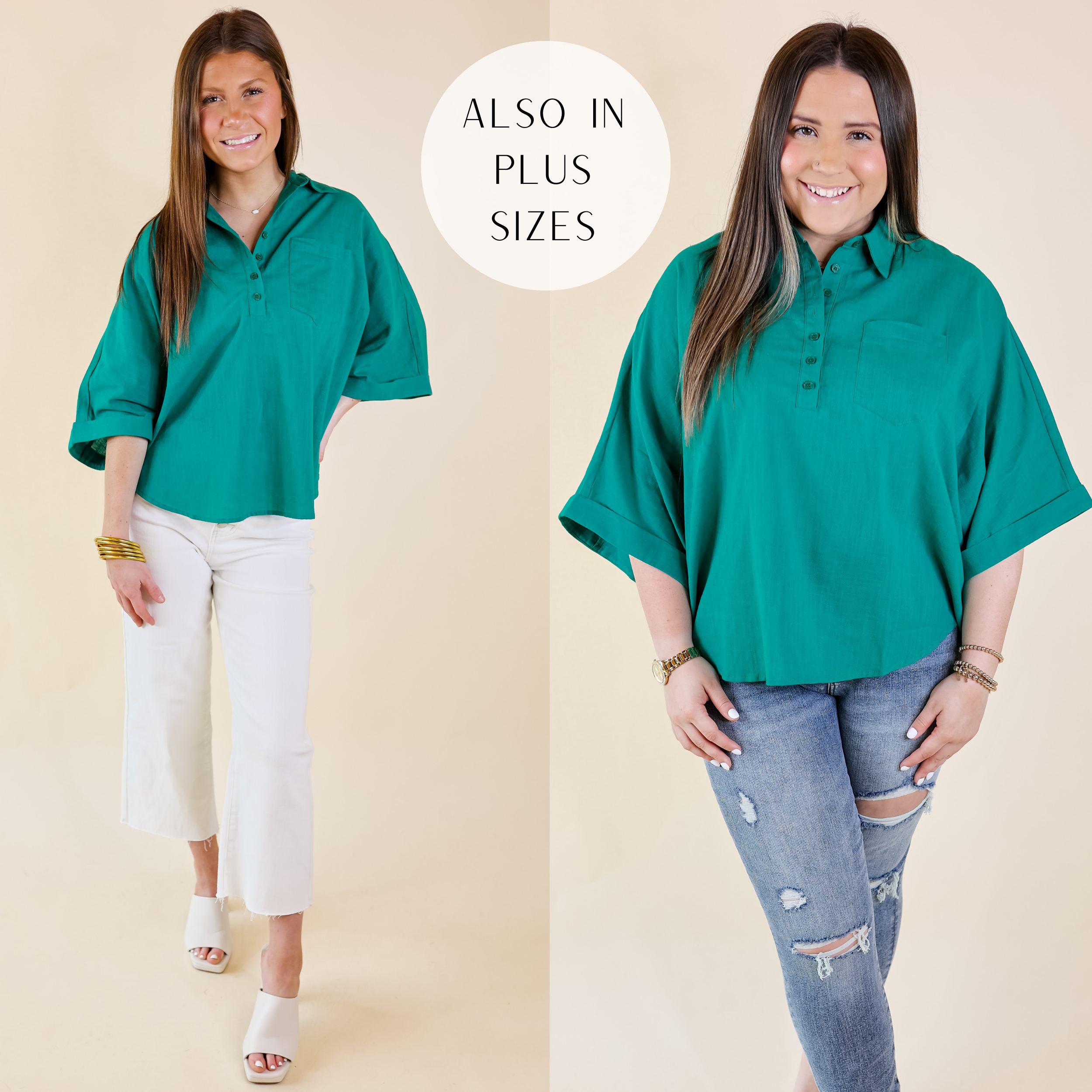 Model is wearing a half button up poncho top with a collared neckline and a cute teal color. Size small model has it paired with white jeans, ivory heels, and gold jewelry. Size large model has it paired with distressed skinny jeans, ivory mules, and gold jewelry.
