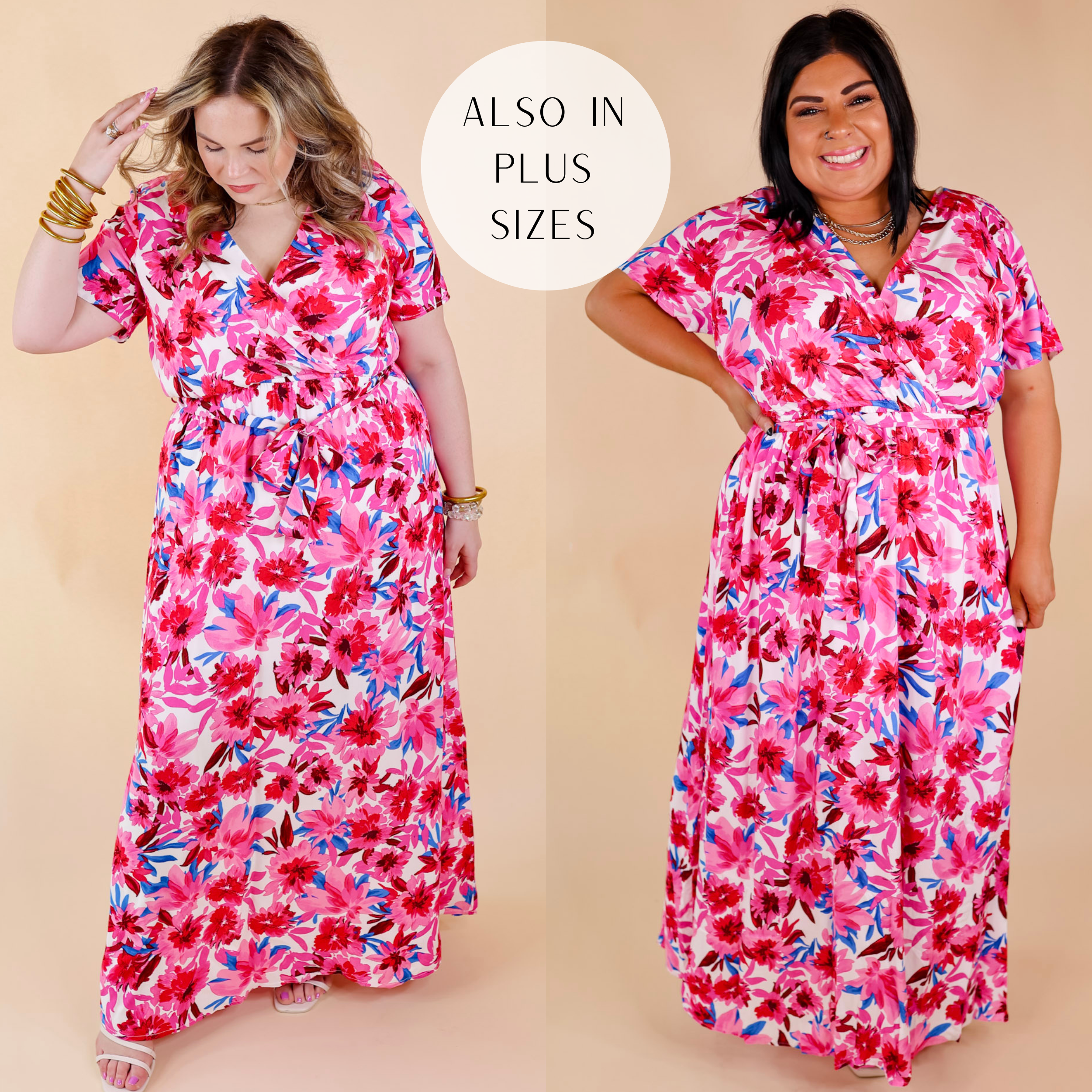 Models are wearing a pink floral maxi dress with short sleeves, a v neckline, and a waist tie. Size large model has it paired with white strappy heels and gold jewelry. Plus size model has it paired with white heels and silver jewelry.