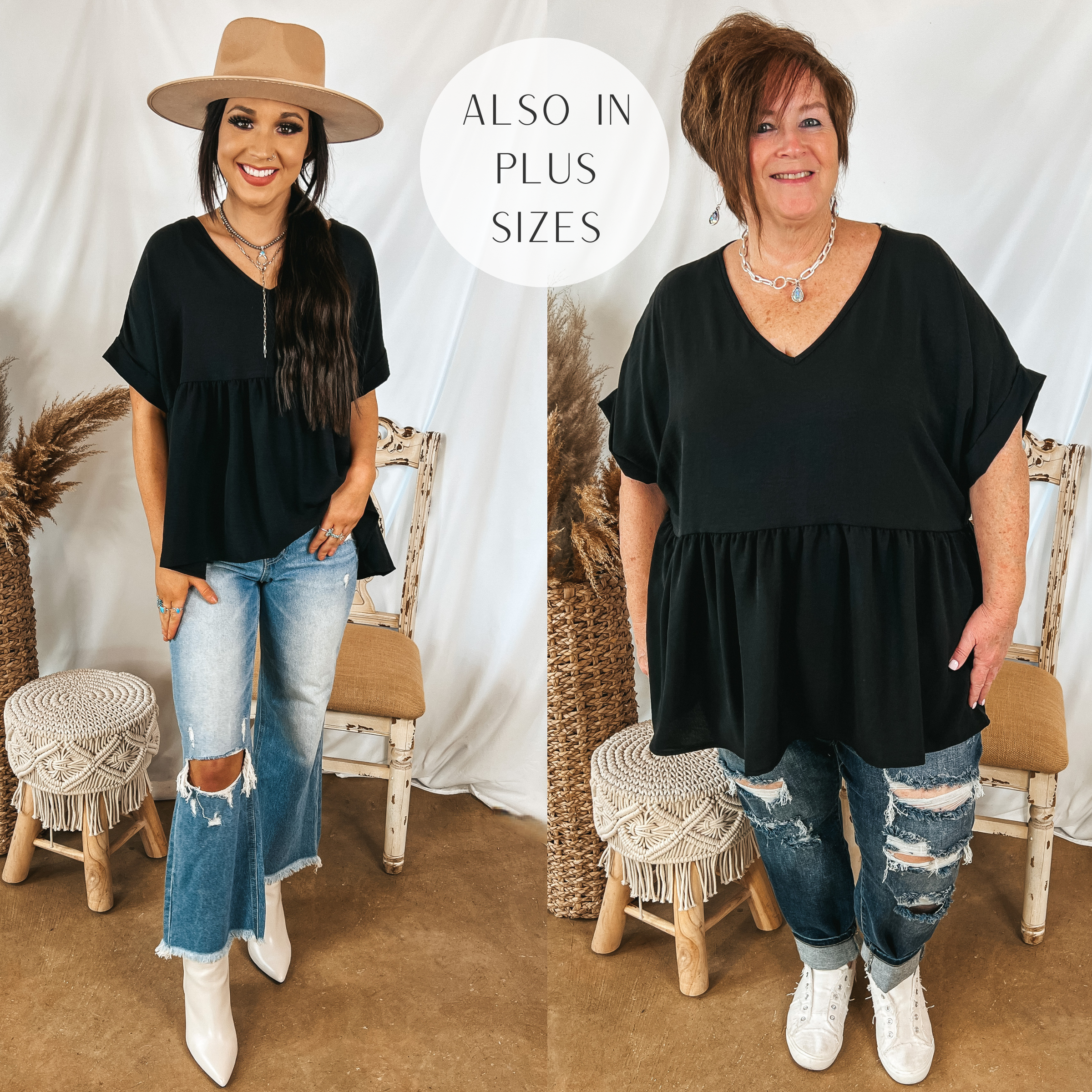 Models are wearing a black short sleeve babydoll top that has a v neckline. Size small model has it paired with cropped jeans, white booties, and a tan hat. Plus size model has it paired with white sneakers, distressed jeans, and silver jewelry.