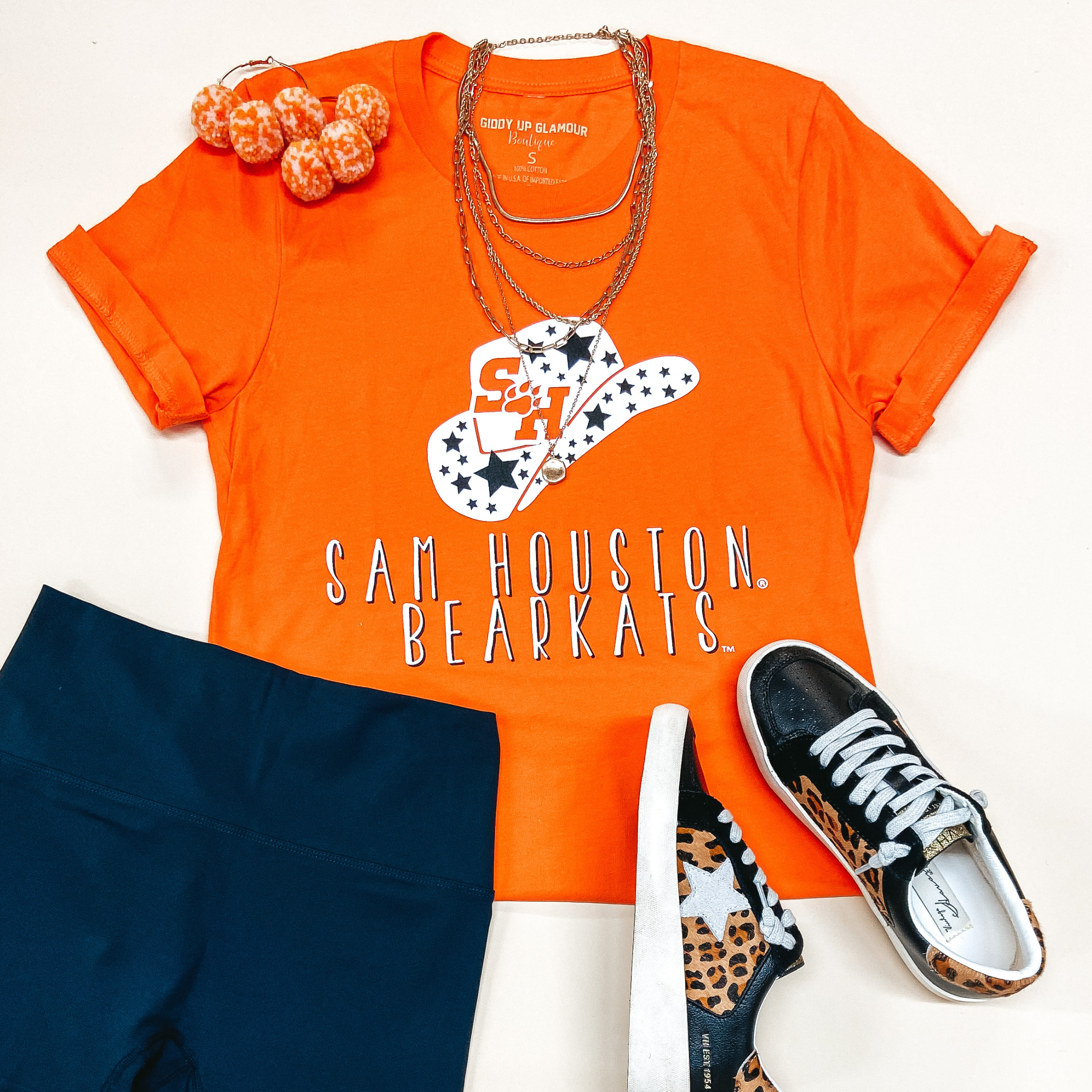 Bearkat Game Day | Sam Houston Bearkats Cowgirl Hat Short Sleeve Graphic Tee in Orange - Giddy Up Glamour Boutique