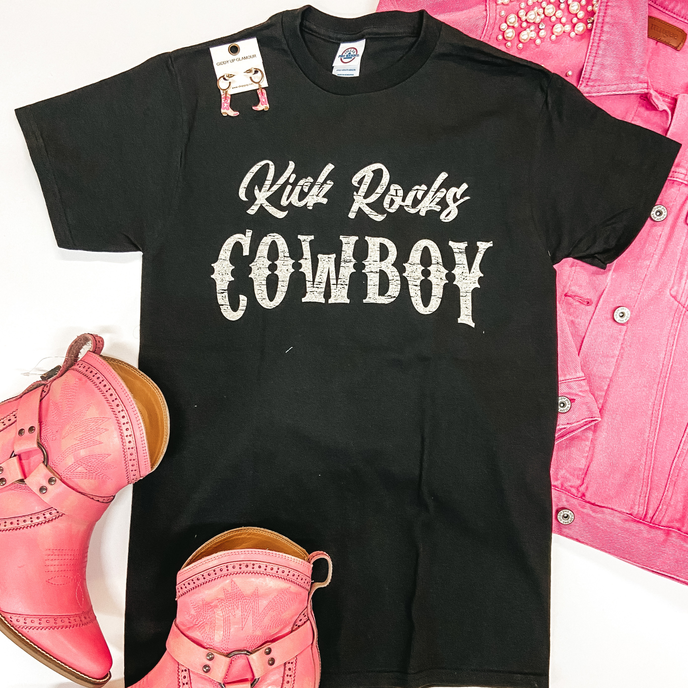 Kick Rocks Cowboy Short Sleeve Graphic Tee in Black - Giddy Up Glamour Boutique