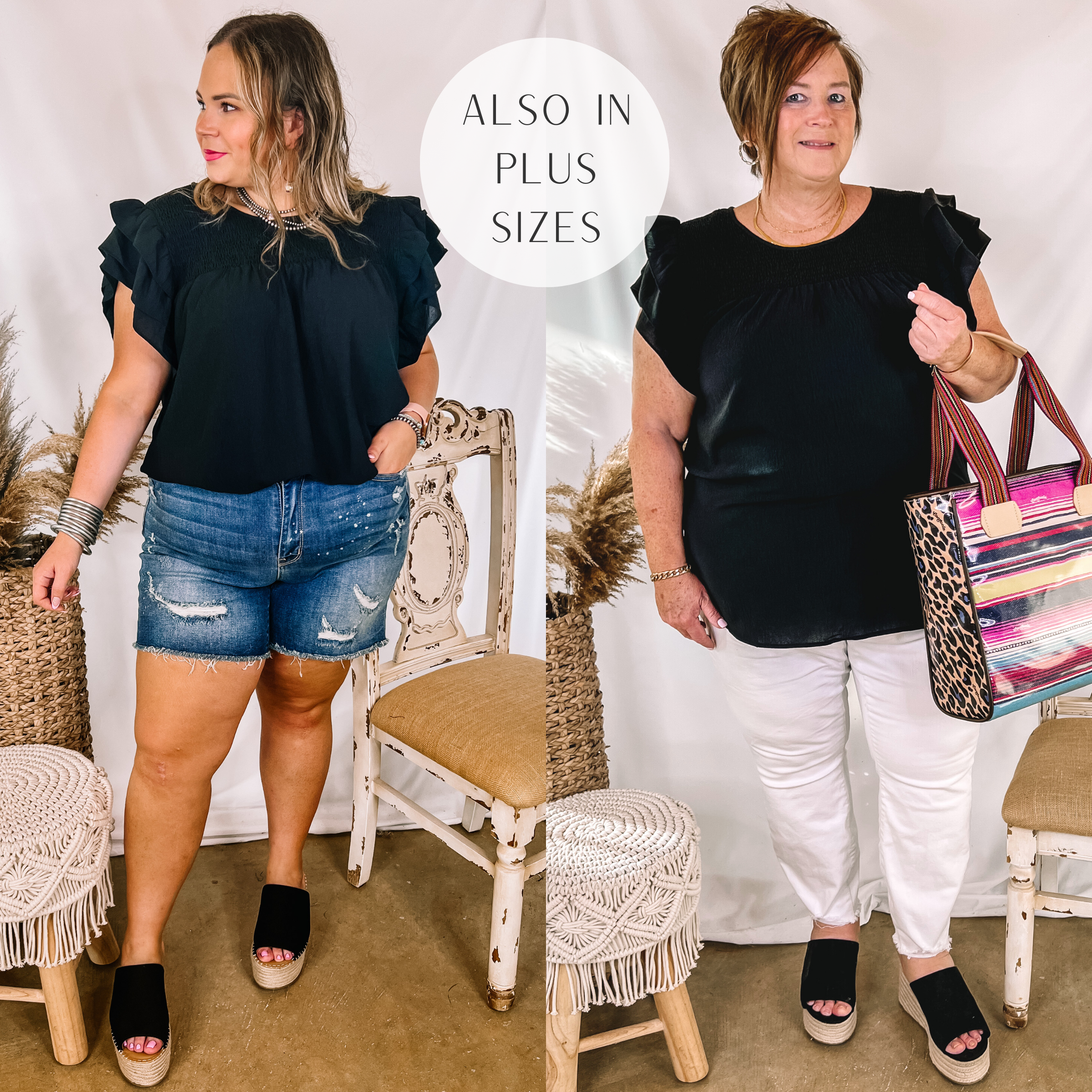 Models are wearing a black ruffle sleeve top that has a smocked upper. Size large model has it paired with distressed denim shorts, black wedges, and silver jewelry. Plus size model has it paired with white jeans, black wedges, and gold jewelry.