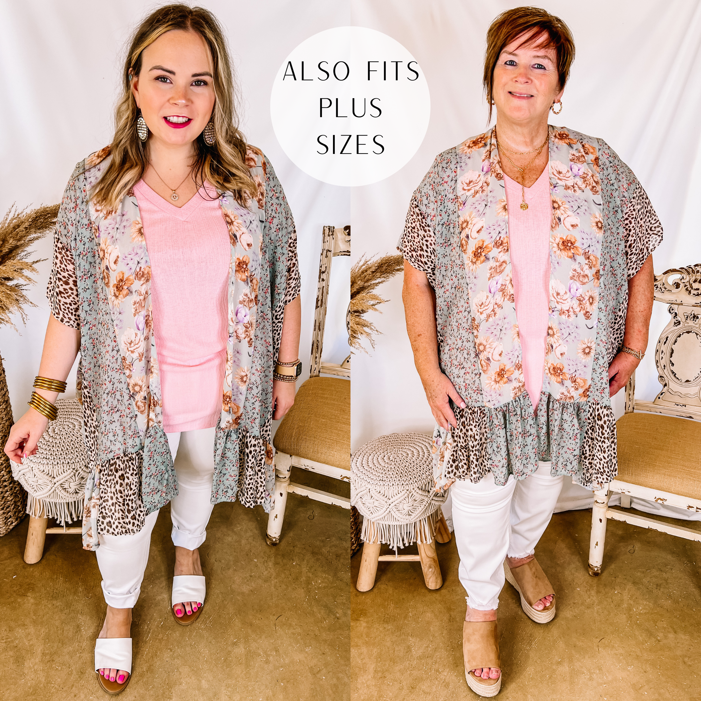 Models are wearing a dusty mint kimono that is a mix of floral and animal print. Both models have it paired with white skinny jeans, a pink top, and gold jewelry.