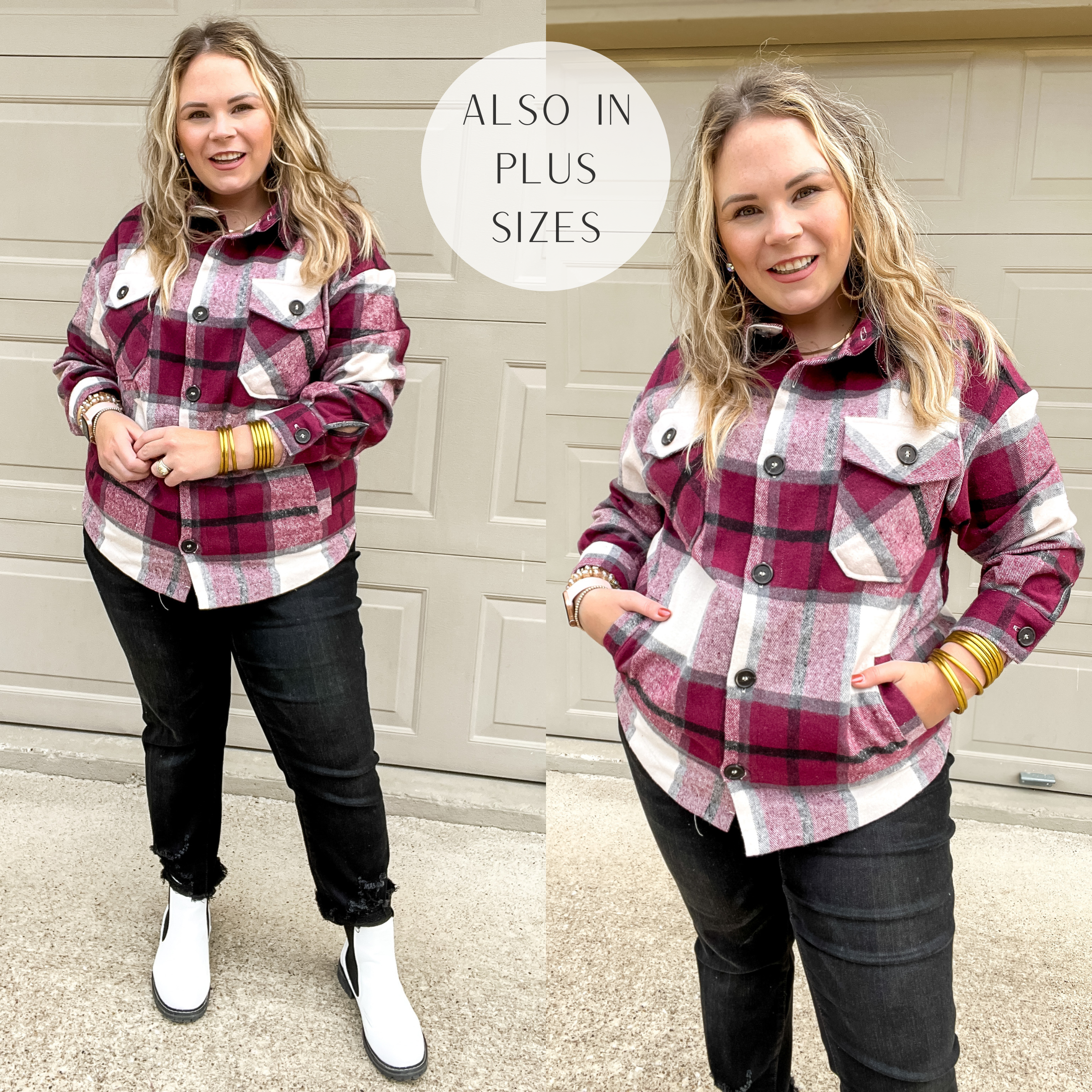Model is wearing a plum button up shacket that is plaid print. Model has it on over a white tank top with black jeans, white booties, and gold jewelry.