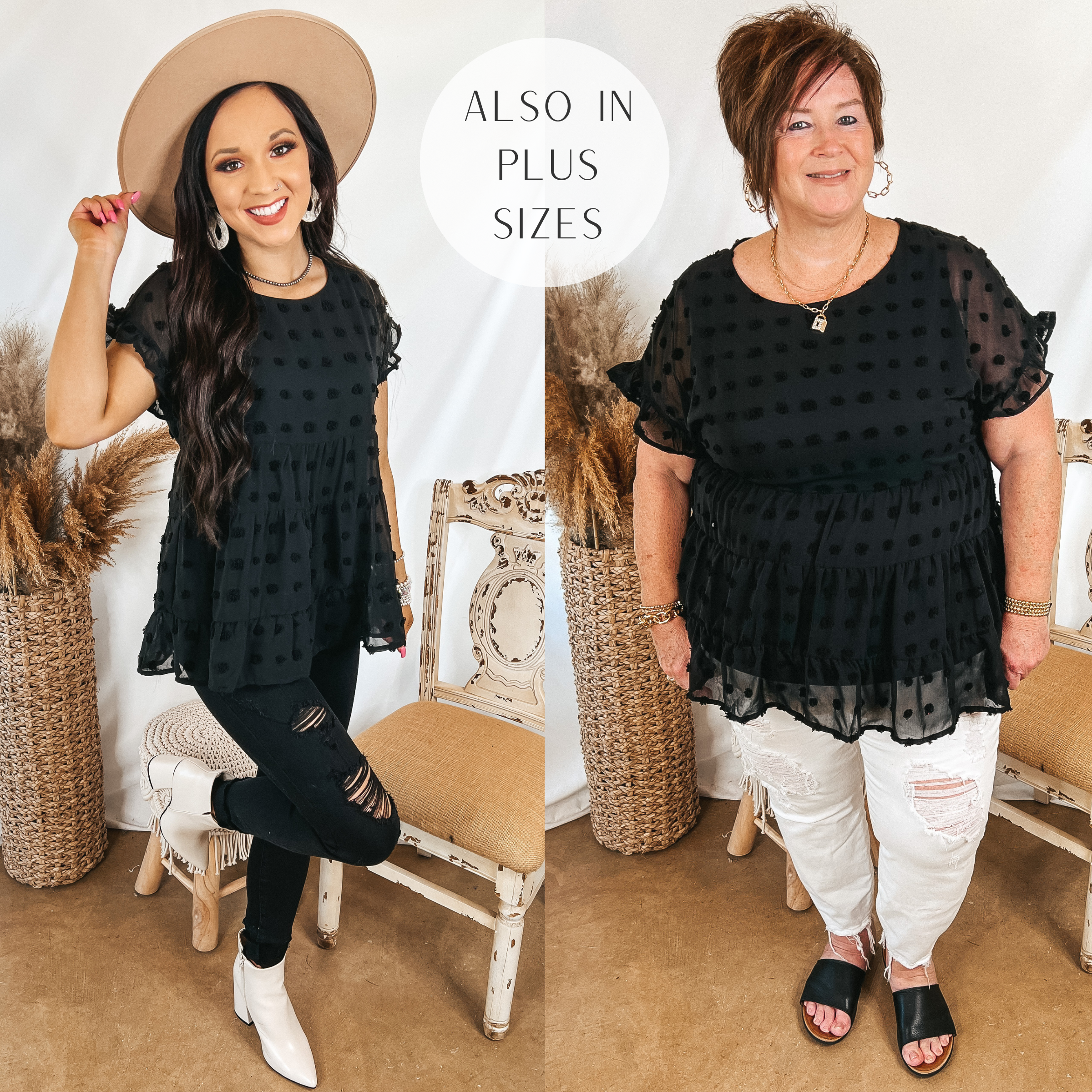 Models are wearing a black swiss dot babydoll top. Size small model has it paired with black boyfriend jeans, white booties, and a tan hat. Plus size model has it paired with white skinny jeans, black sandals, and gold jewelry.