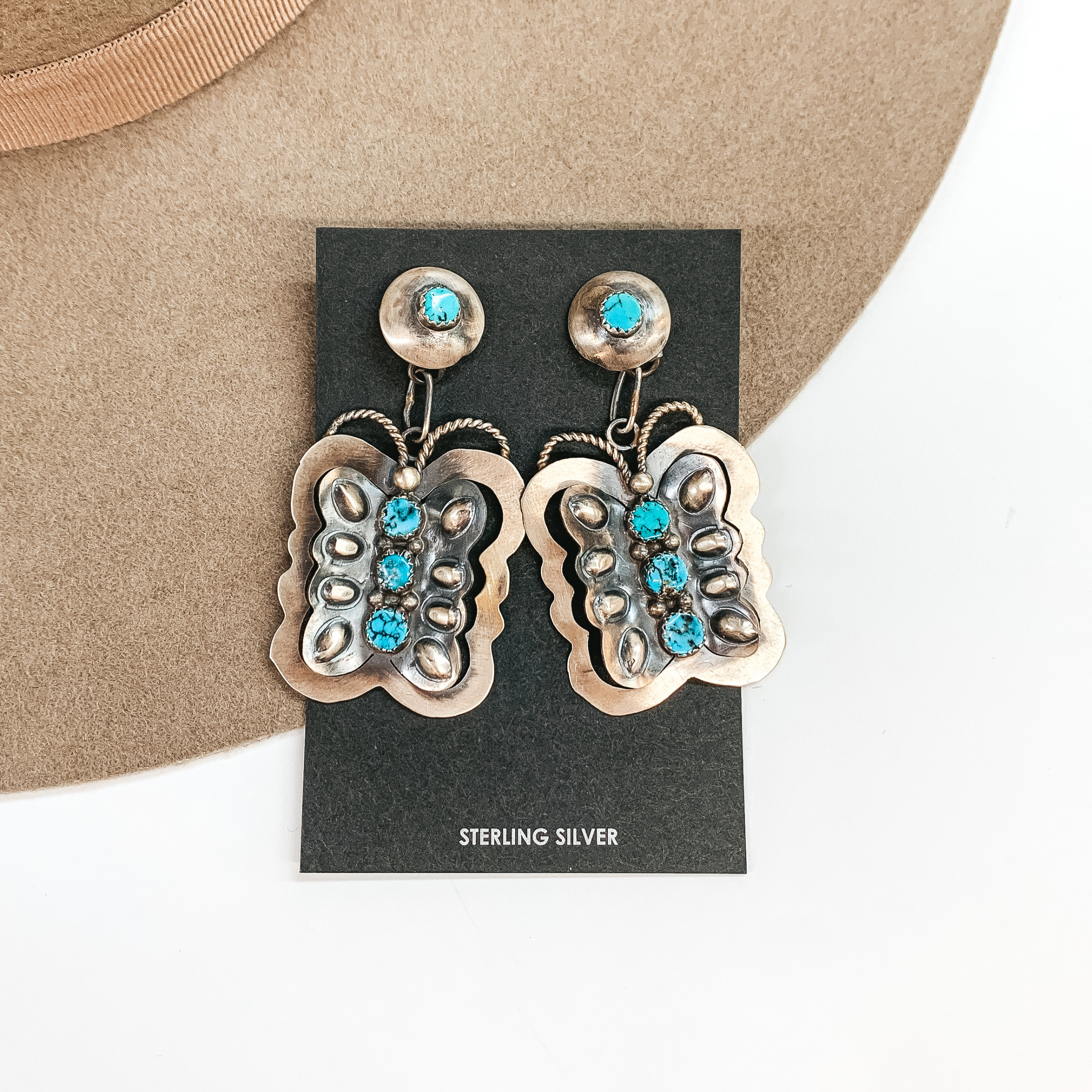 GTY | Navajo Handmade Sterling Silver Butterfly Earrings with Turquoise Stones