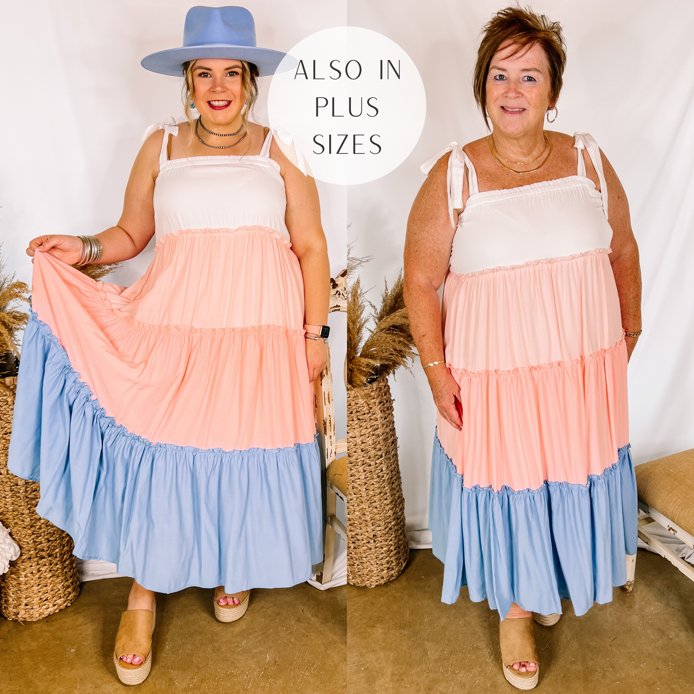 Model is wearing a white, pink, and blue mix color block maxi dress. Model has it paired with tan wedges, silver jewelry, and a blue hat.
