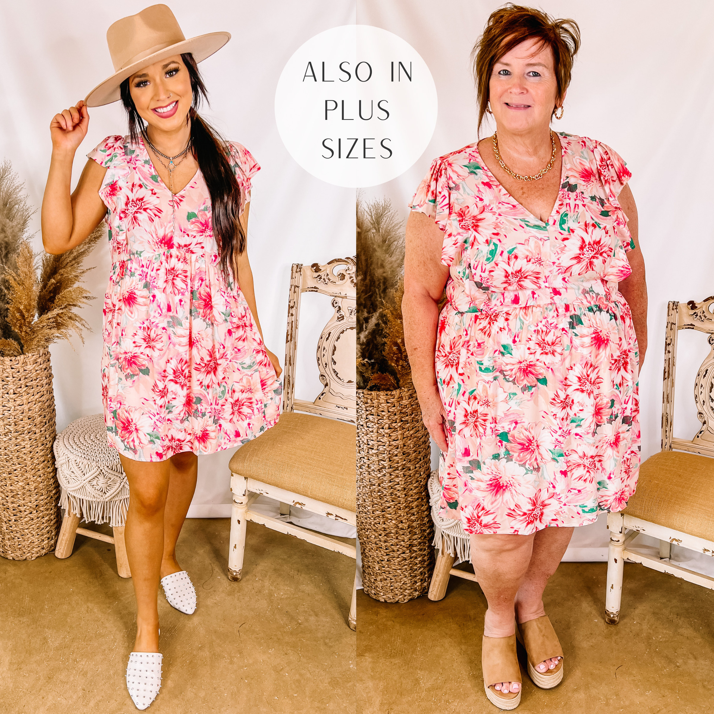 Models are wearing a blush pink floral dress with ruffle cap sleeves. Size small model has it paired with white mules and a tan hat. Plus size model has it paired with tan wedges and gold jewelry.