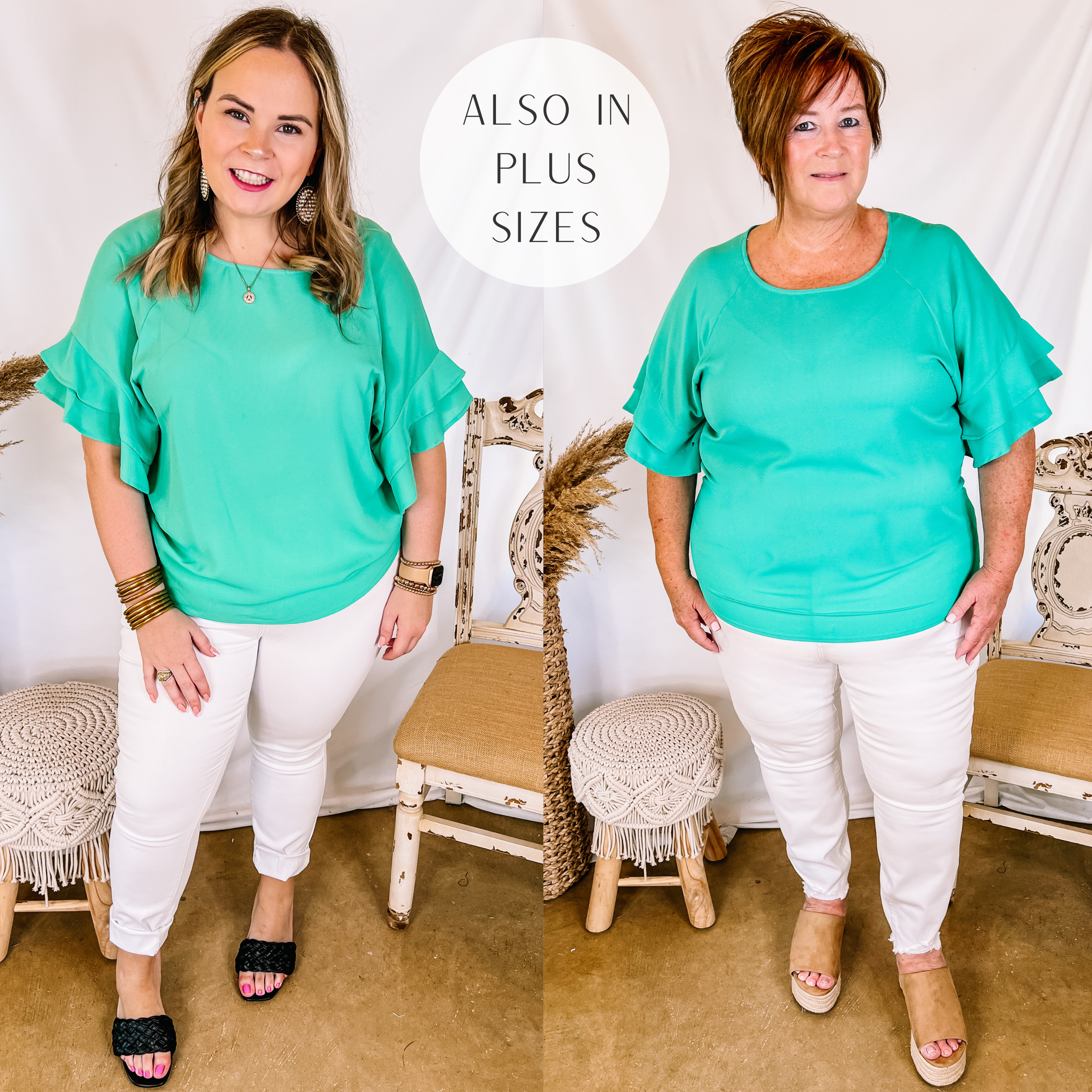 Models are wearing a ruffle sleeve blouse that is mint green. Size large model has it paired with black heels, white skinnies, and gold jewelry. Plus size model has it paired with tan wedges and white skinnies.