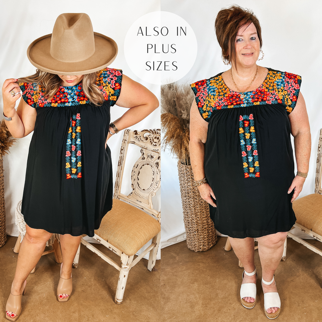 Headed For Happy Floral Embroidered Cap Sleeve Dress in Black - Giddy Up Glamour Boutique