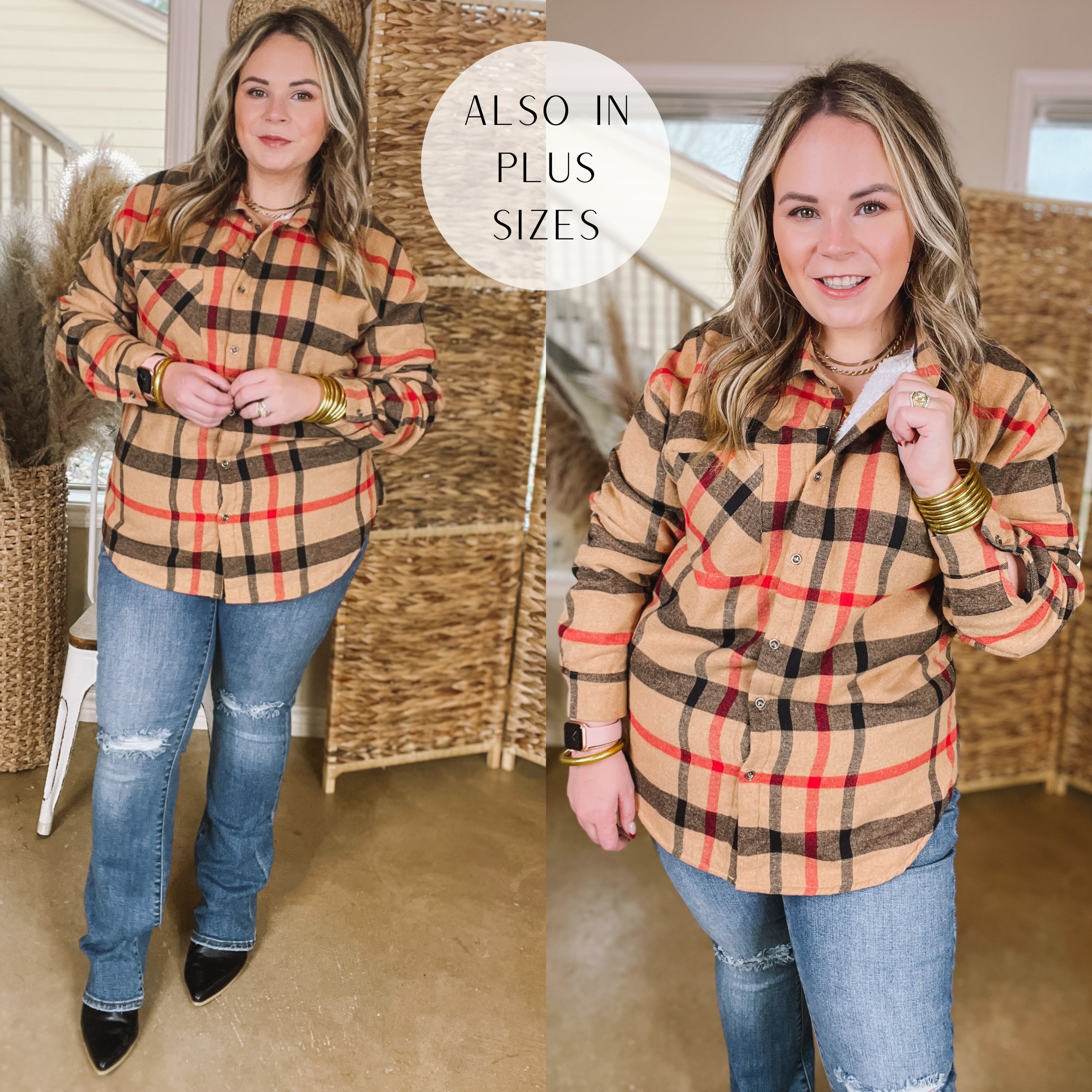 Model is wearing a lined flannel shacket in tan with red and black detailing. Model has this shacket paired with distressed bootcut jeans, black booties, and gold jewelry. 
