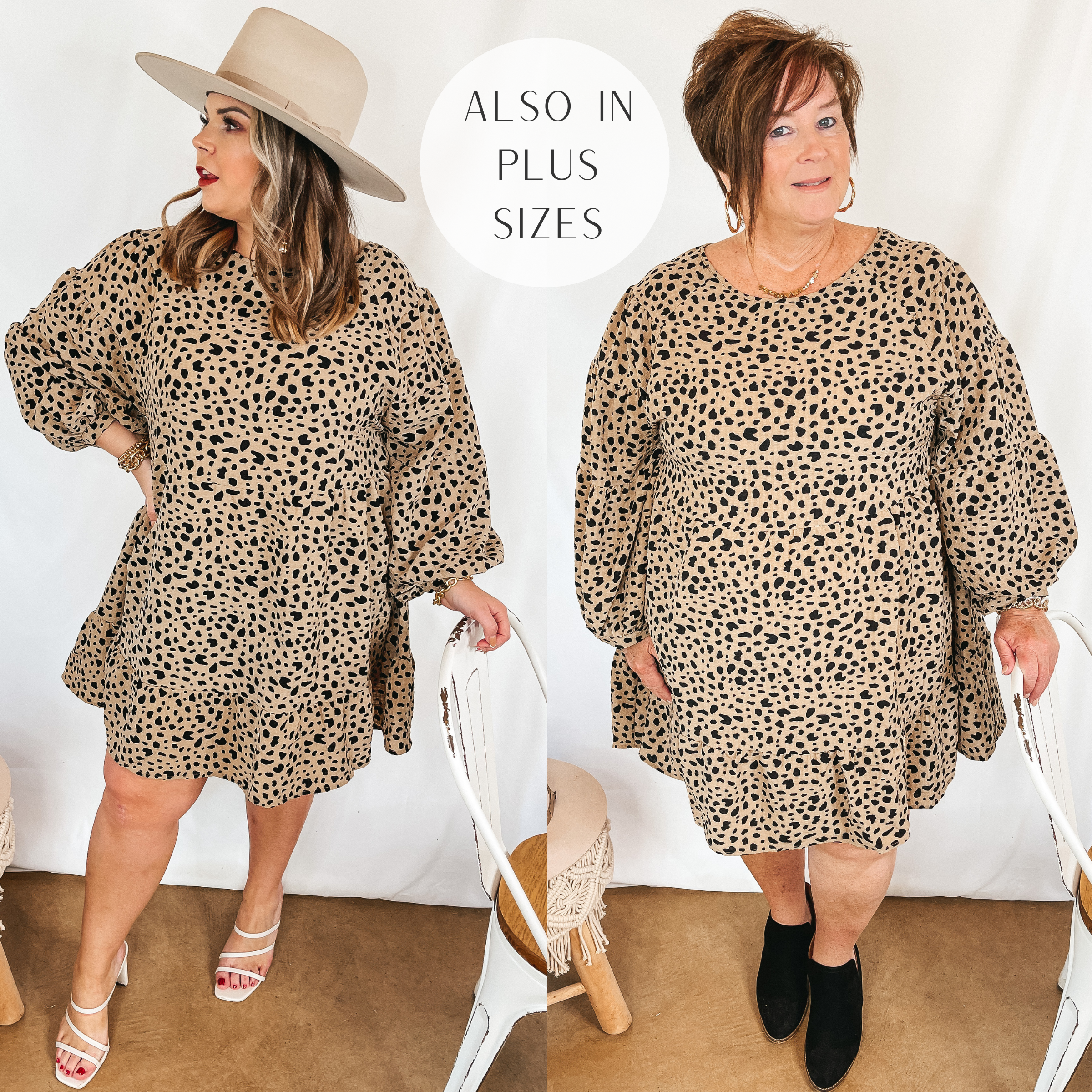 Models are wearing a taupe long sleeve dress that has a black dotted print. Size large model has it paired with a beige hat and white heels. Plus size model has it paired with black booties and gold jewelry.