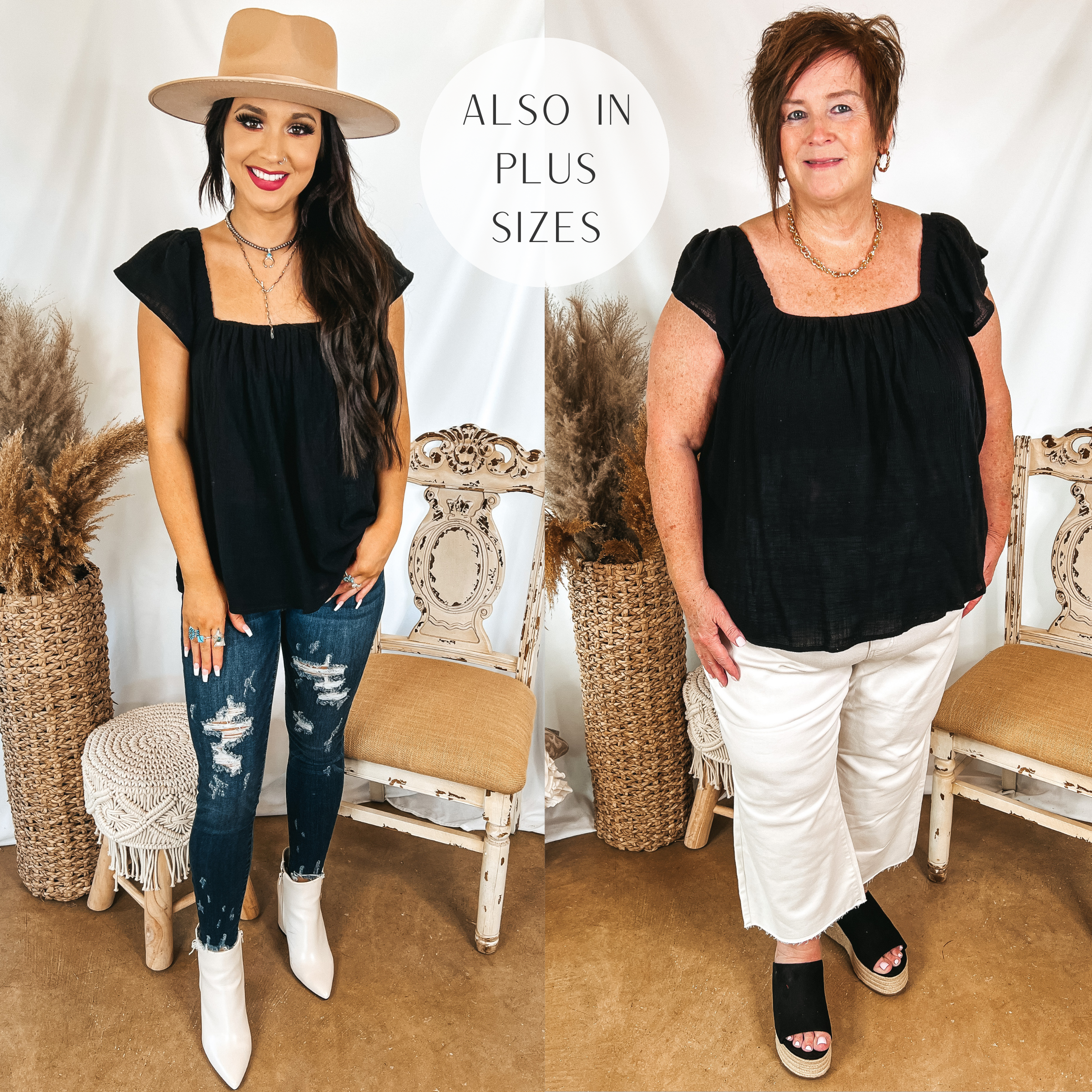 Models are wearing a black tank top that has a ruffle cap sleeve detail. Size small model has it paired with distressed skinny jeans, white booties, and a tan hat. Plus size model has it paired with white crop jeans, black wedges, and gold jewelry.
