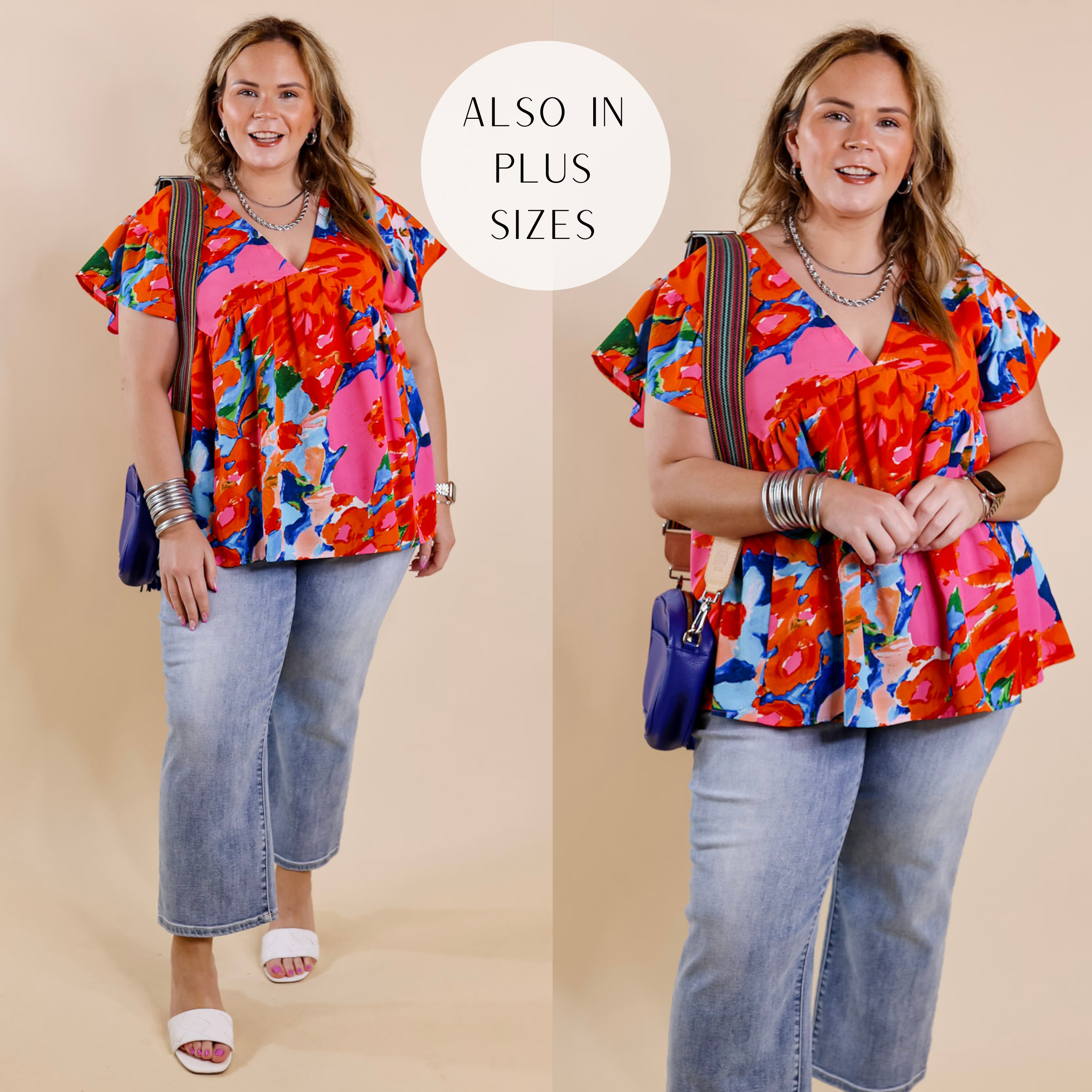 Model is wearing an orange mix floral top with a babydoll hem and deep v neckline. Model has it paired with cropped jeans, white heels, gold jewelry, and a blue purse.