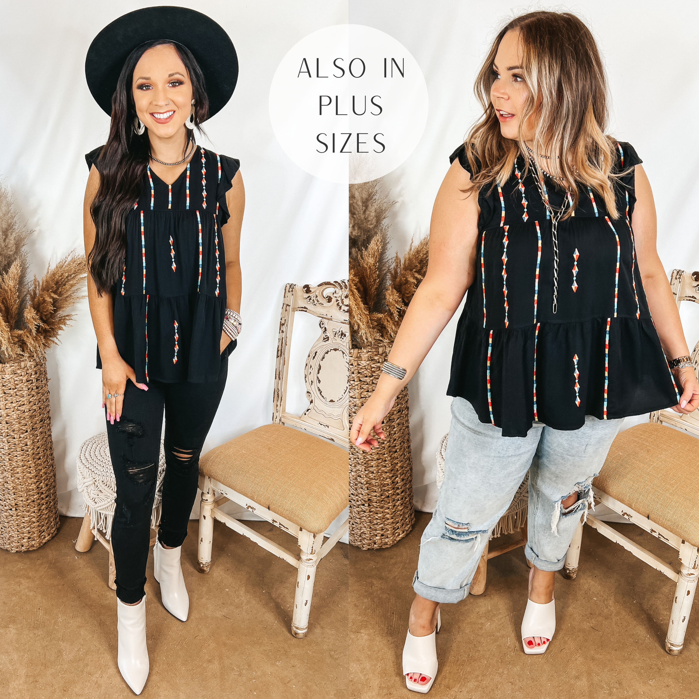 Models are wearing a tiered top with embroidery on the front. Size small model has it paired with black jeans, white booties, and a black hat. Size large model has it paired with light wash boyfriend jeans, white heels, and silver jewelry.
