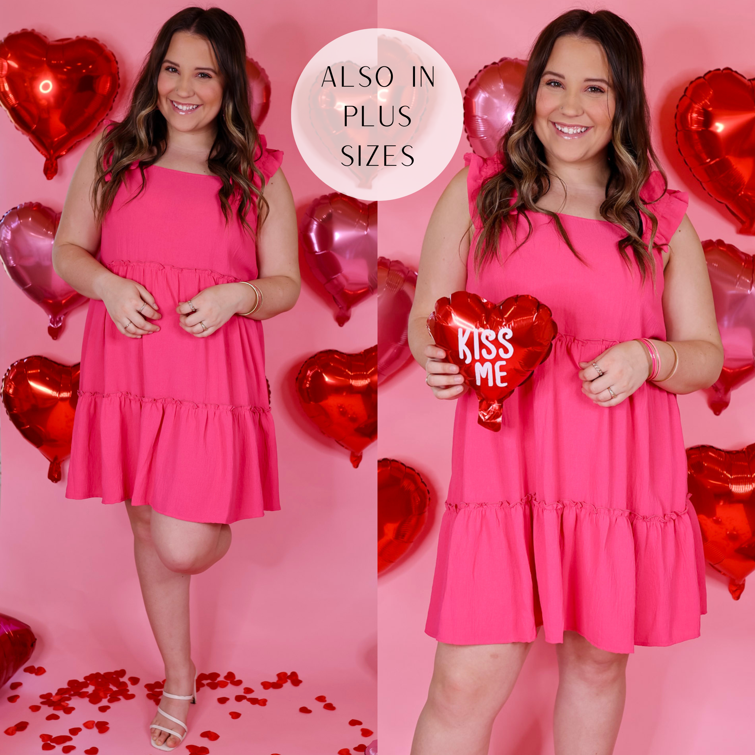 Model is wearing a tiered tank dress with ruffle sleeves in hot pink. Model has this dress paired with white heels, and silver jewelry. Background is light pink with red heart balloons.  