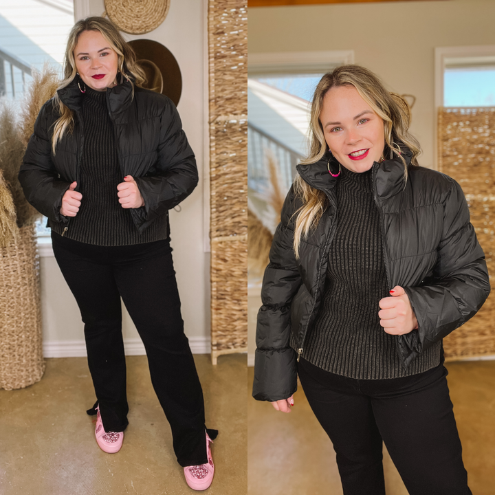 Wrapped In Cozy Cropped Puffer Jacket in Black - Giddy Up Glamour Boutique