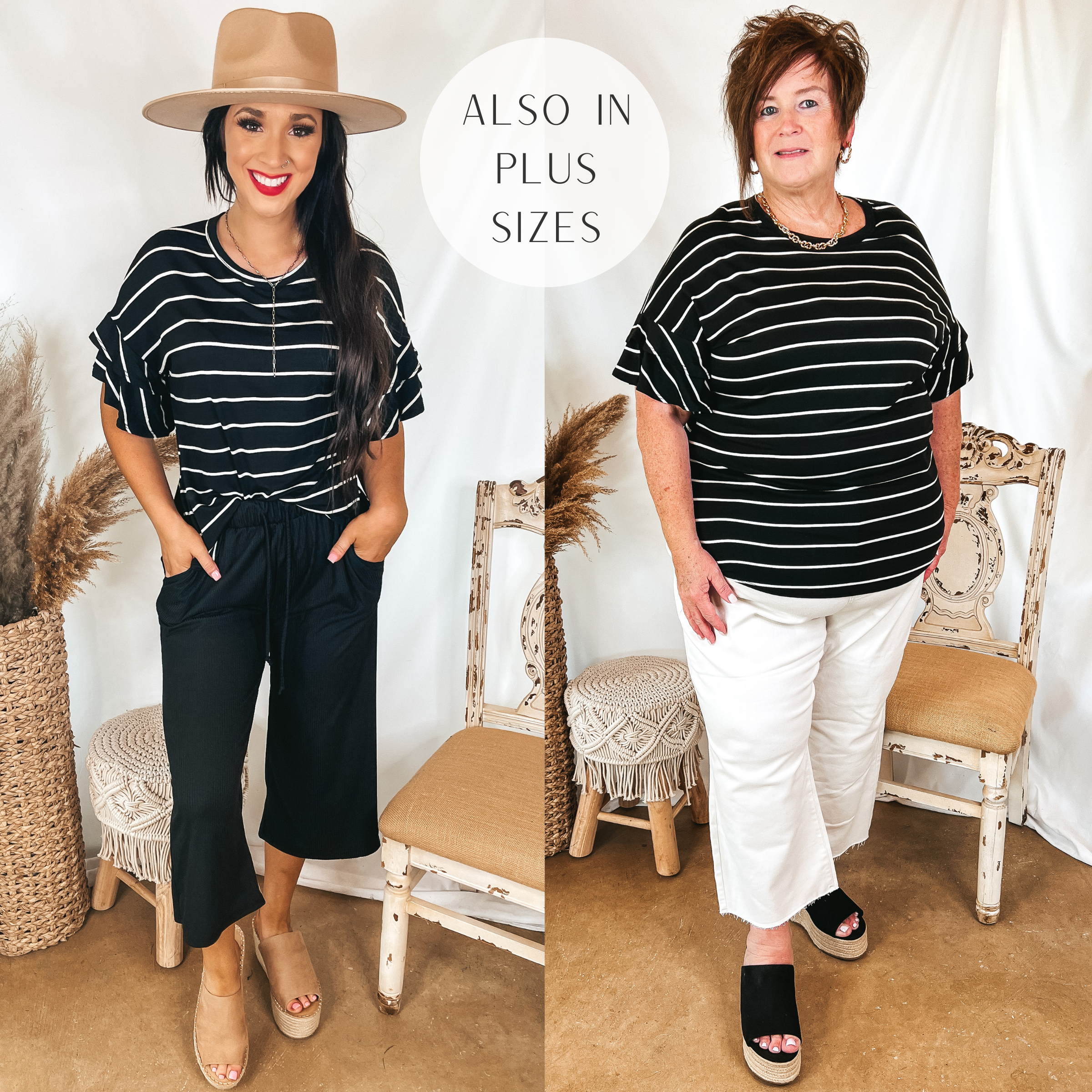 Models are wearing a black and white striped top that has ruffle short sleeves. Size small model has it paired with black cropped pants, tan wedges, and a tan hat. Plus size model has it paired with black wedges, white cropped jeans, and gold jewelry.