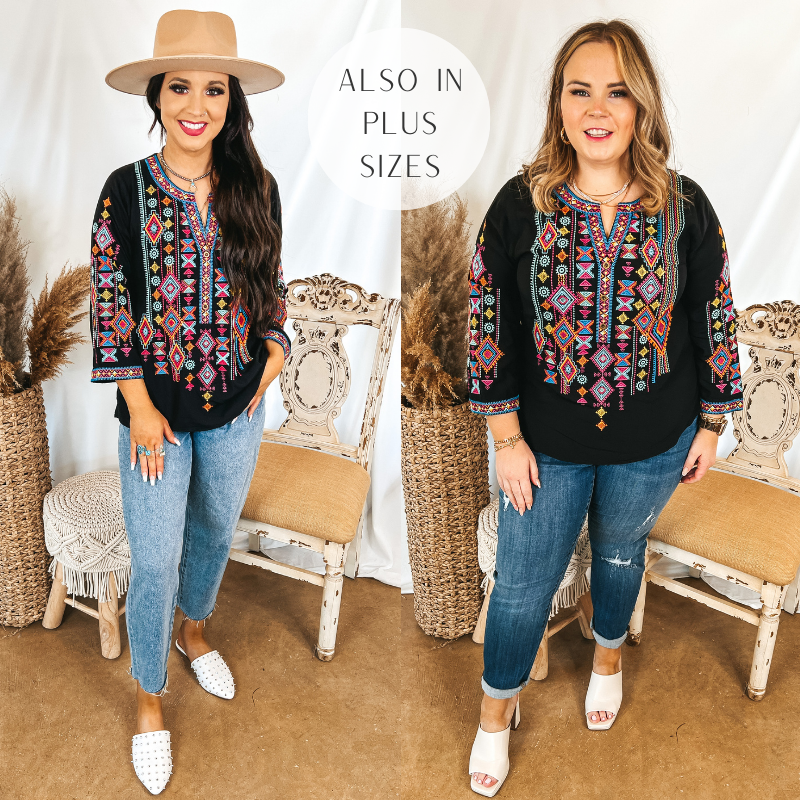Models are wearing a black top with colorful Aztec print embroidery. Size small model has it paired with light wash jeans, white mules, and a tan hat. Size large model has it paired with medium wash jeggings, white heels, and gold jewelry.