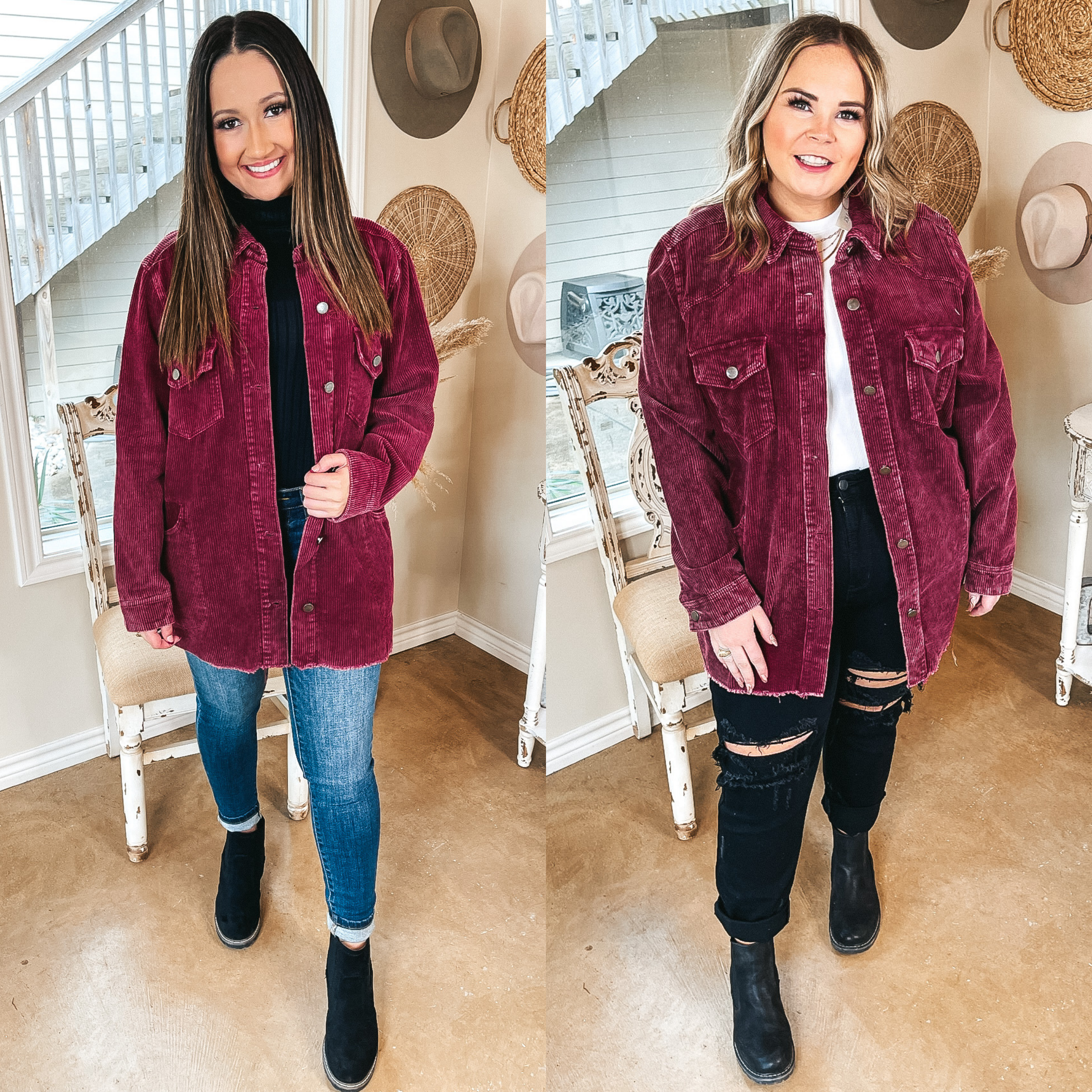 Models are wearing a long button up shacket that is a maroon corduroy material. Size small model is wearing a black tank top, skinny jeans, black booties, and gold jewelry. Size large model has it paired with a white tank top, black distressed jeans, black booties, and gold jewelry.