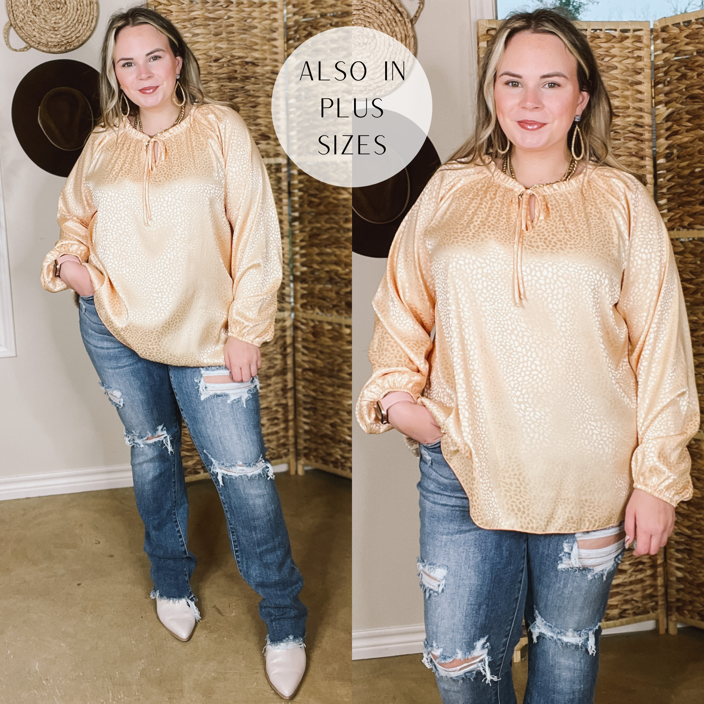 Model is wearing a beige satin long sleeve top in a dotted print. with a tie keyhole in the front. Model has this top paired with distressed jeans, white mules, and gold jewelry. Background is hues of white and brown. 