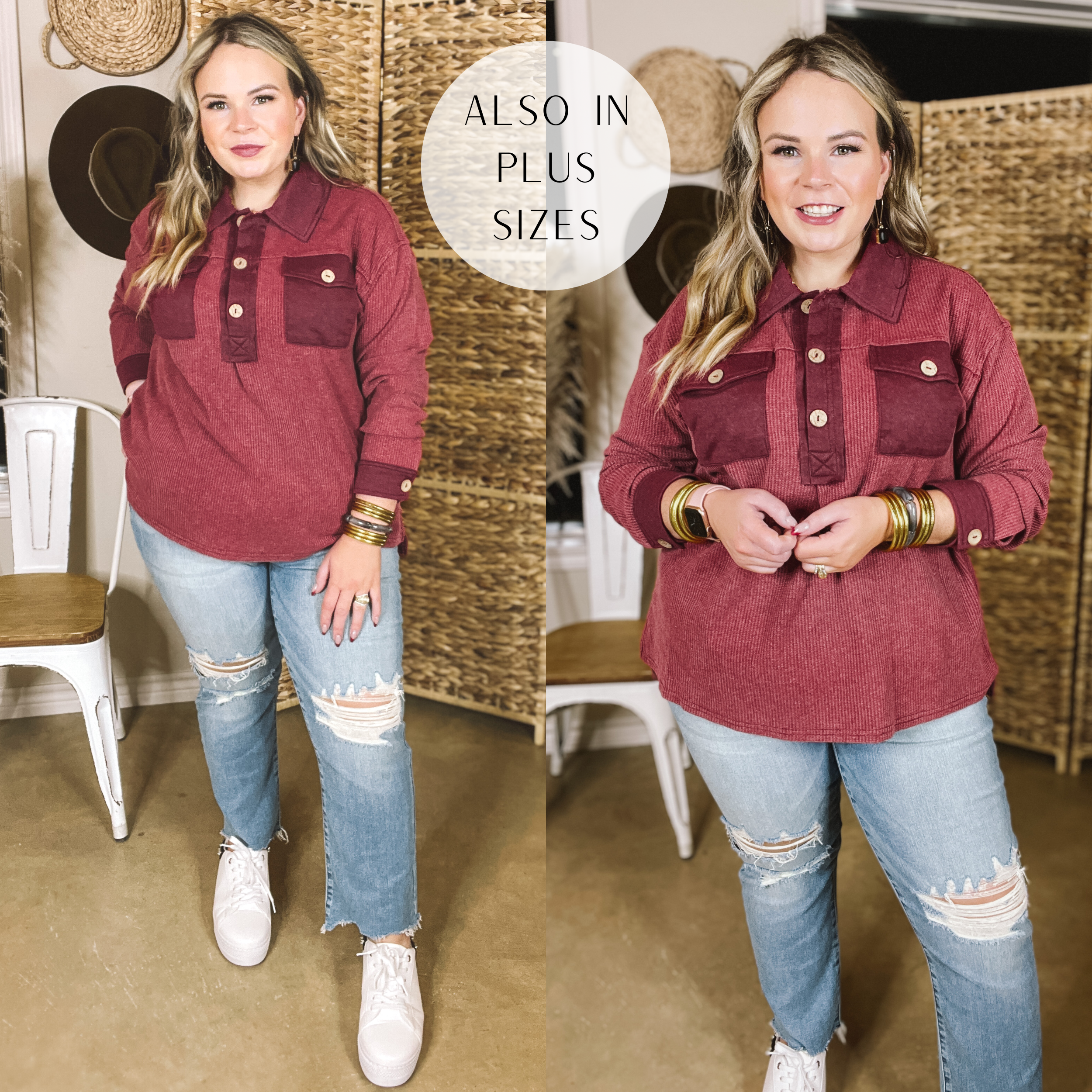Model is wearing a long sleeve, waffle knit, collared top in maroon. Model has this top paired with straight leg jeans, white shoes, and gold jewelry. 