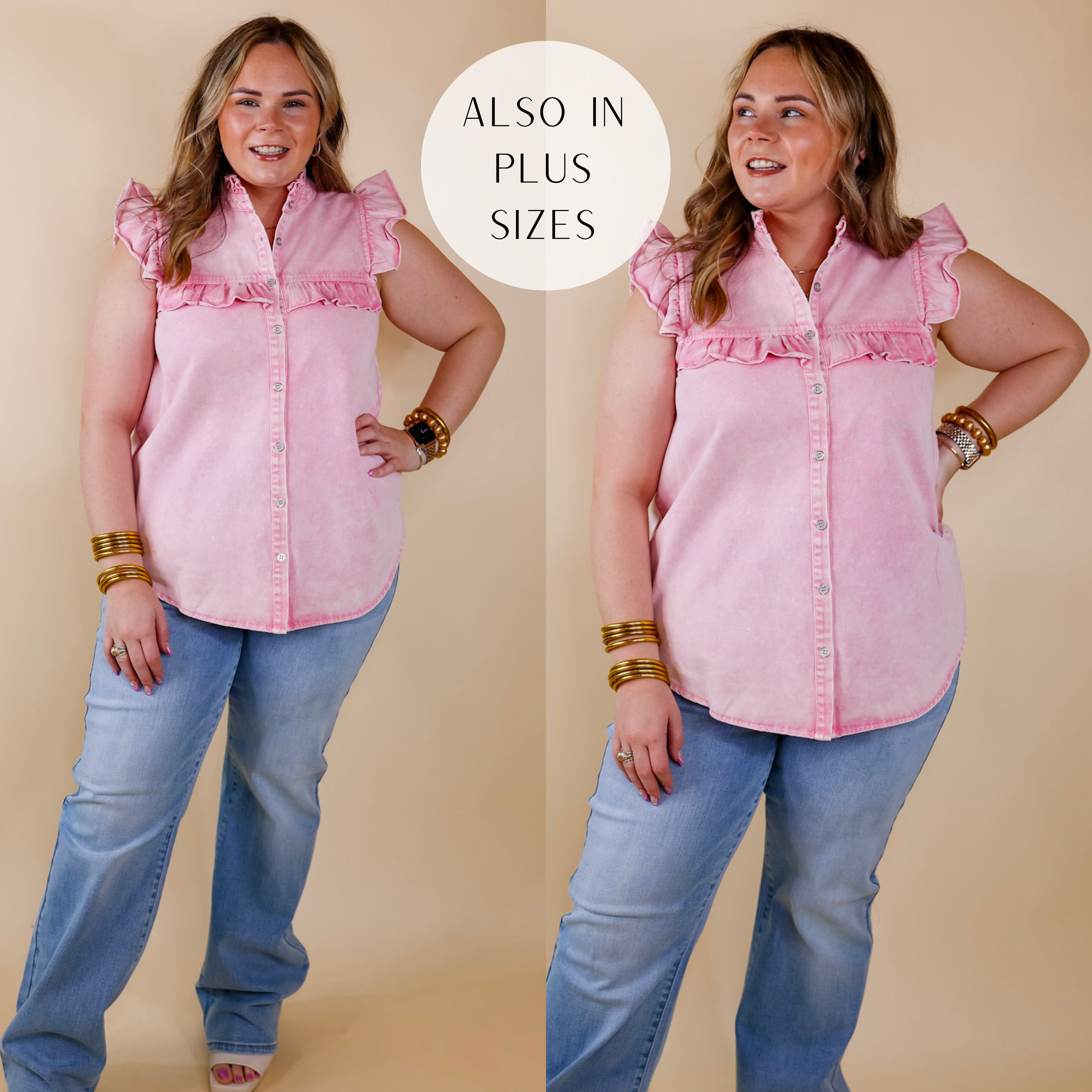 Model is wearing a pink denim button up top with ruffle cap sleeves. Model has it paired with wide leg jeans, white heels, and gold jewelry.
