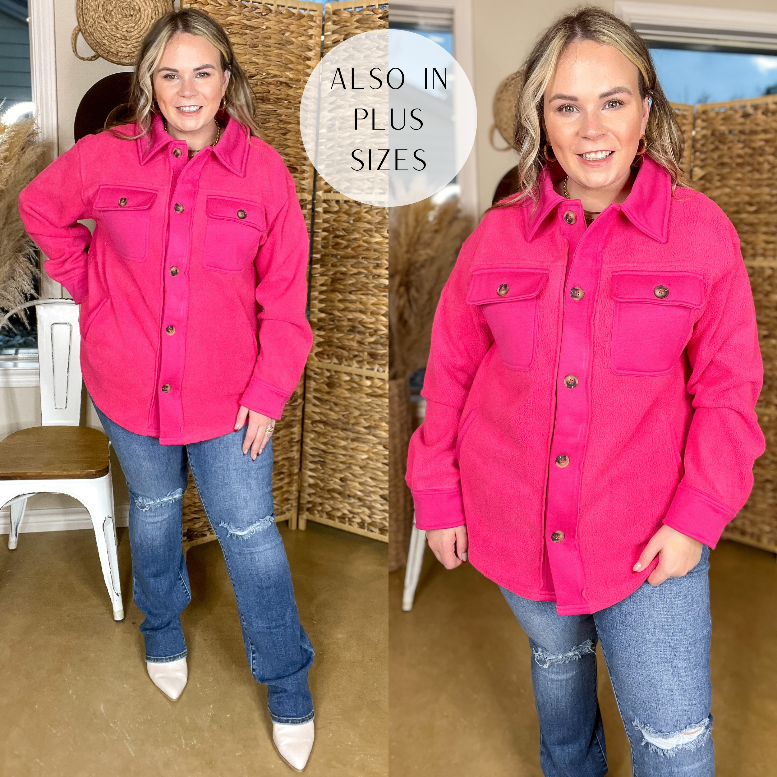 Model has a button down fleece jacket in hot pink. Model has this jacket paired with bootcut jeans, white booties, and gold jewelry. 