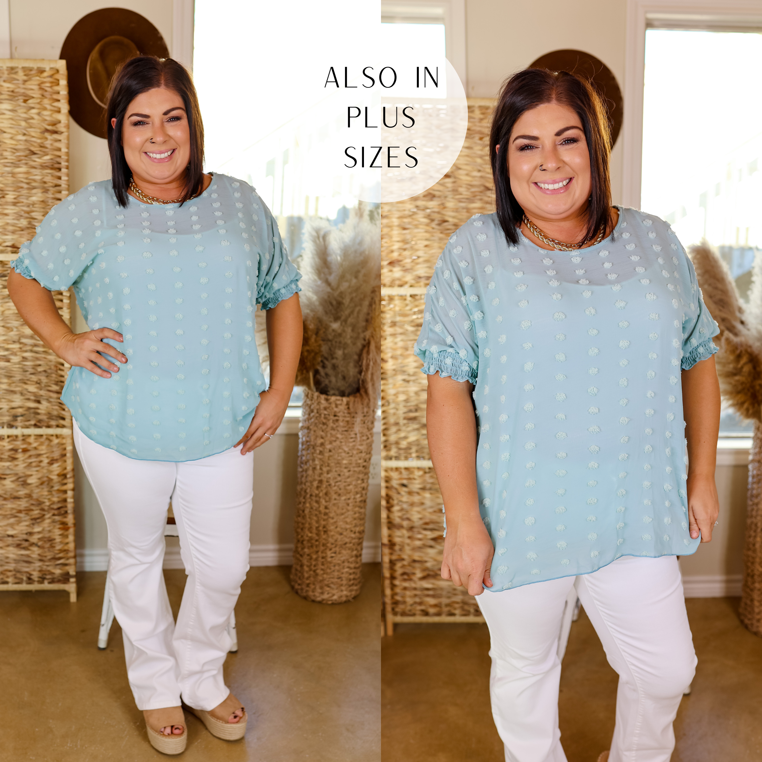 Model is wearing a half sleeve top with swiss dots in baby blue. Model has this top paired with white bootcut jeans, nude heels and gold jewelry. 