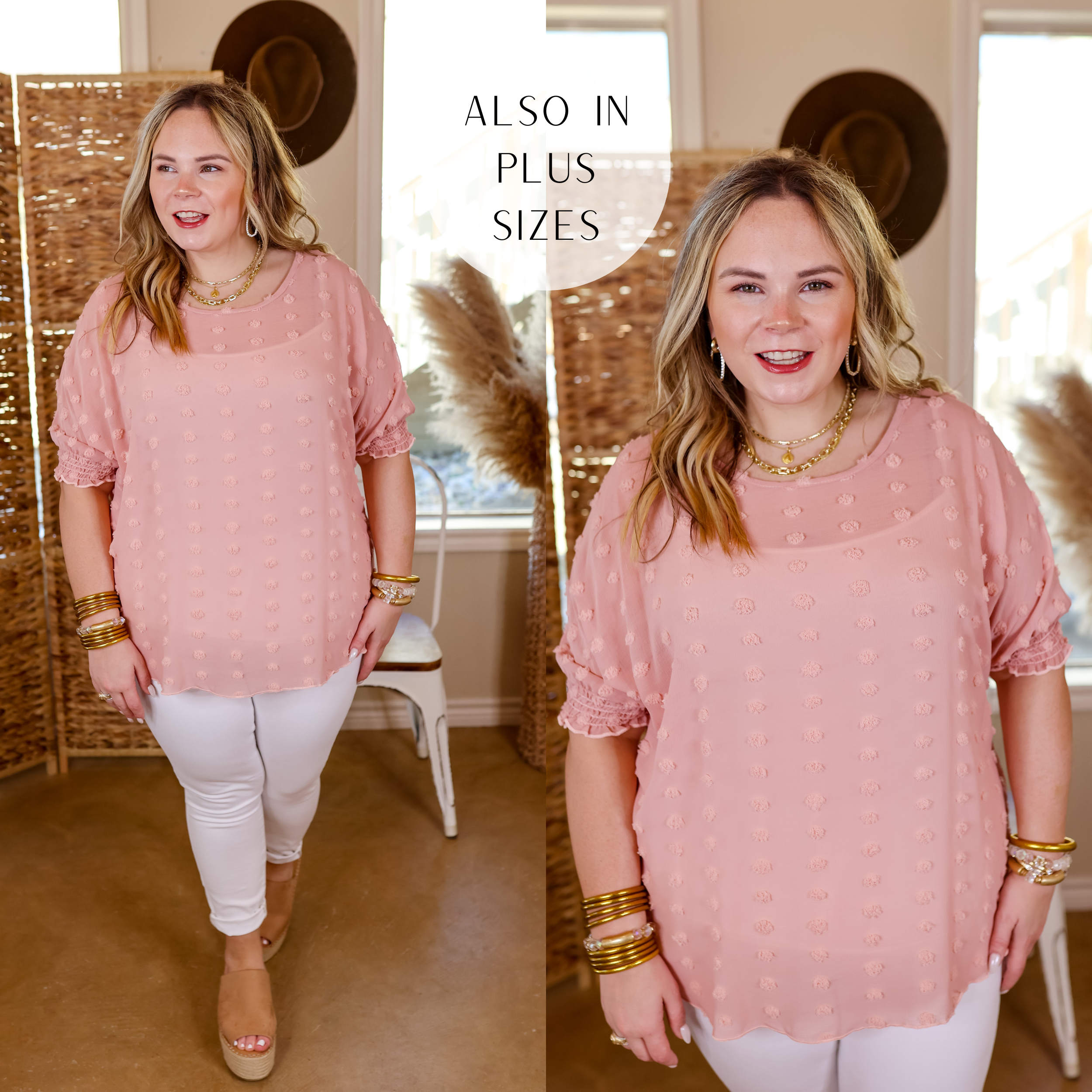 Model is wearing a half sleeve top with dots in blush pink. Model has this top paired with white jeans, nude heels, and gold jewelry. 